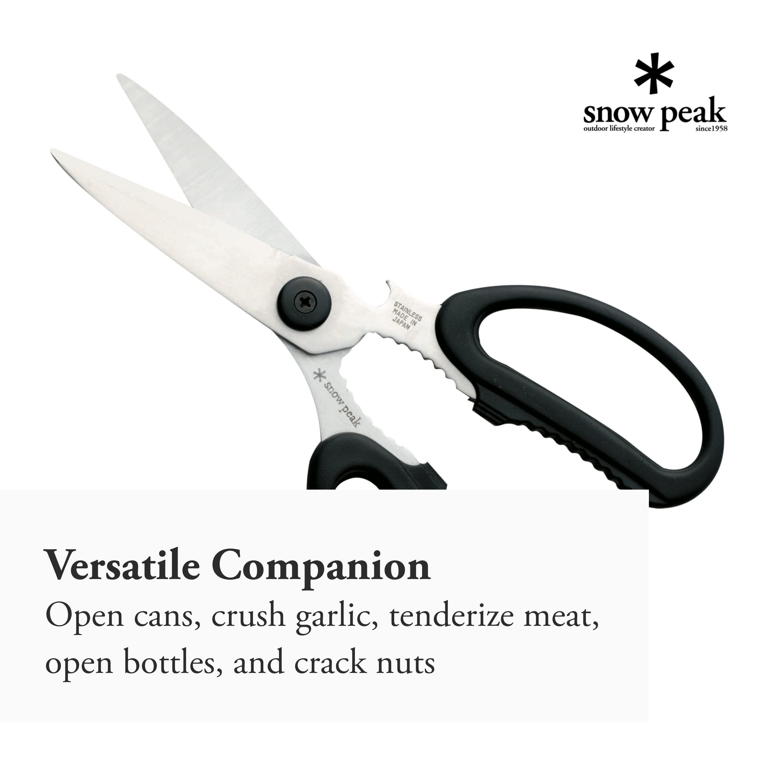 Snow Peak Premium Kitchen Scissors Set with Garlic Press, Bottle Opener, Meat Tenderizer & Nut Cracker - Multi-Purpose Cooking Shears for Garlic, Nuts, Bottles & Meat Preparation - Perfect for Home Chefs & Camping Kitchens