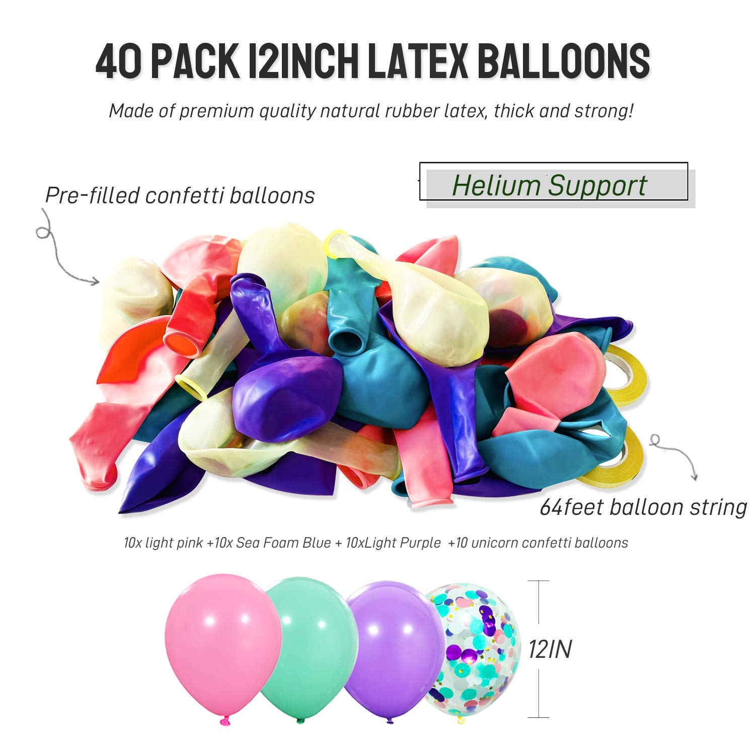 40 Pack Unicorn Balloons - 12 Inch Pastel Latex Balloons in Light Purple, Pink & Seafoam Blue with Confetti & Ribbon for Party Decorations | Perfect for Birthday Parties, Baby Showers, Weddings & Graduation Celebrations
