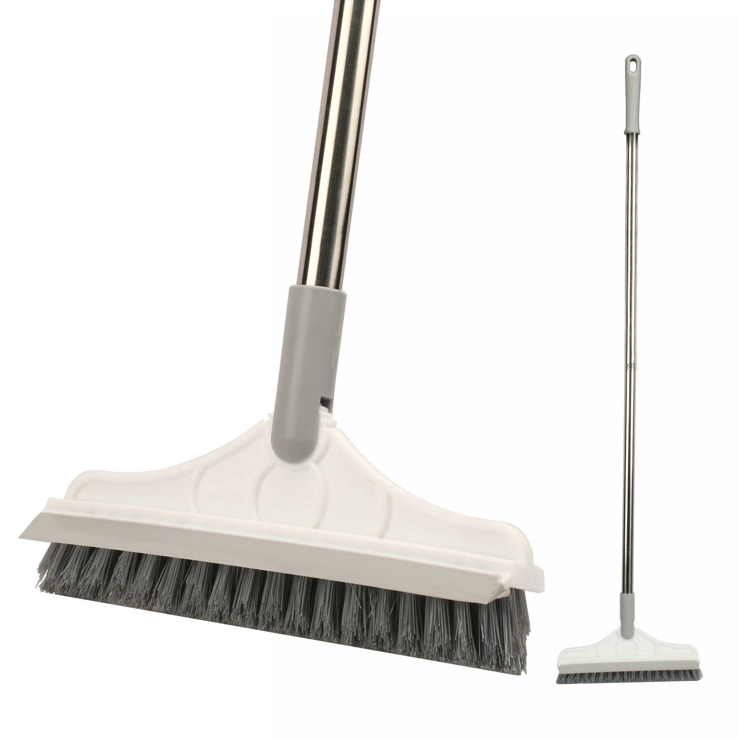 2 in 1 Floor Scrub Brush with Long Handle - Stiff Bristle Grout Cleaner & Squeegee - 120° Rotating Tile Brush for Bathroom, Kitchen, Shower & Hard Floor Cleaning (Perfect for Tile, Grout & Vinyl Floors)