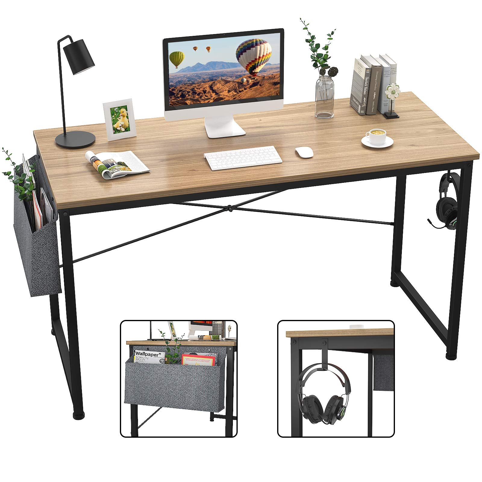 HomVent 47 Inch Modern Computer Desk - Home Office Writing Study Table with Storage Bag, Waterproof & Durable, Natural Wood Finish - Perfect for Small Spaces, Remote Work, and Student Dorms
