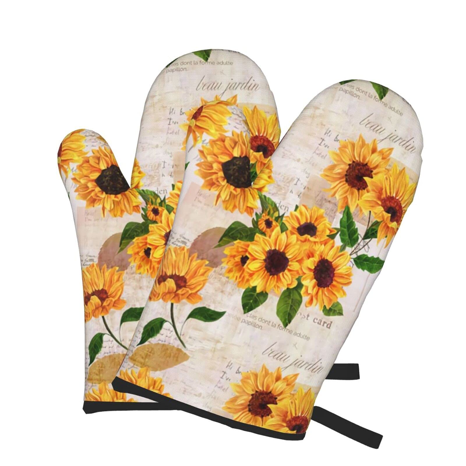 Vintage Yellow Sunflower Oven Mitts - Heat Resistant, Non-Slip & Waterproof Kitchen Gloves with Soft Cotton Lining for Cooking, Baking, BBQ - Perfect for Grilling, Baking Cookies, and Handling Hot Pots (2-Pack)