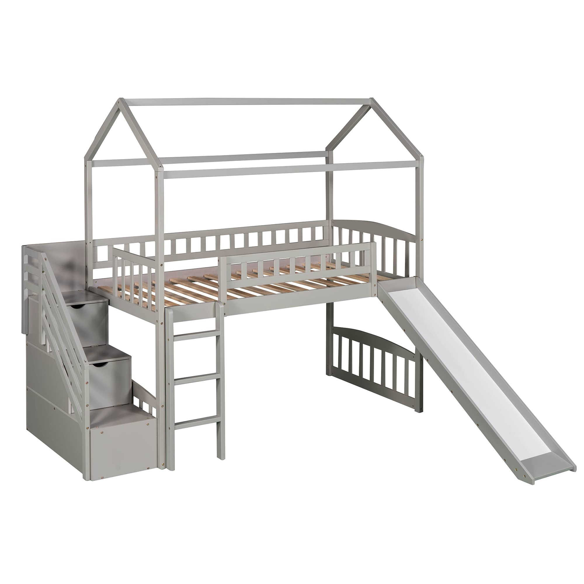 Wooden Twin Loft Bed with Stairs and Slide - Kids Playhouse Bed with Storage Drawers for Boys & Girls - No Box Spring Needed (Twin Size, Gray) - Perfect for Small Bedrooms, Playrooms & Kids' Sleepovers