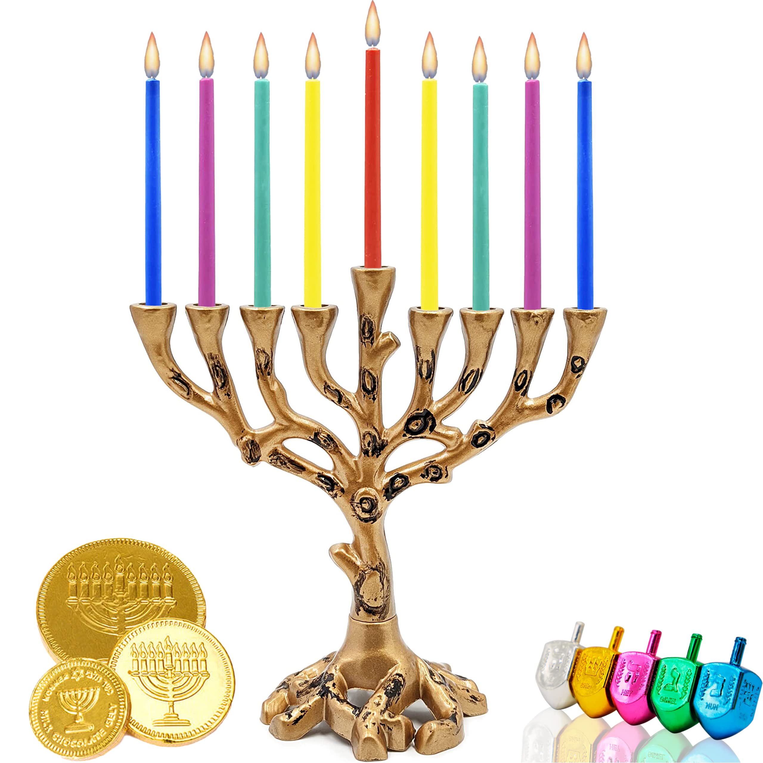 Hanukkah Menorah with Tree of Life Design - Brass Finish Dreidel Company Chanukah Candle Holder - Fits Standard Hanukkah Candles - Perfect for Jewish Holiday Decor & Home Celebration