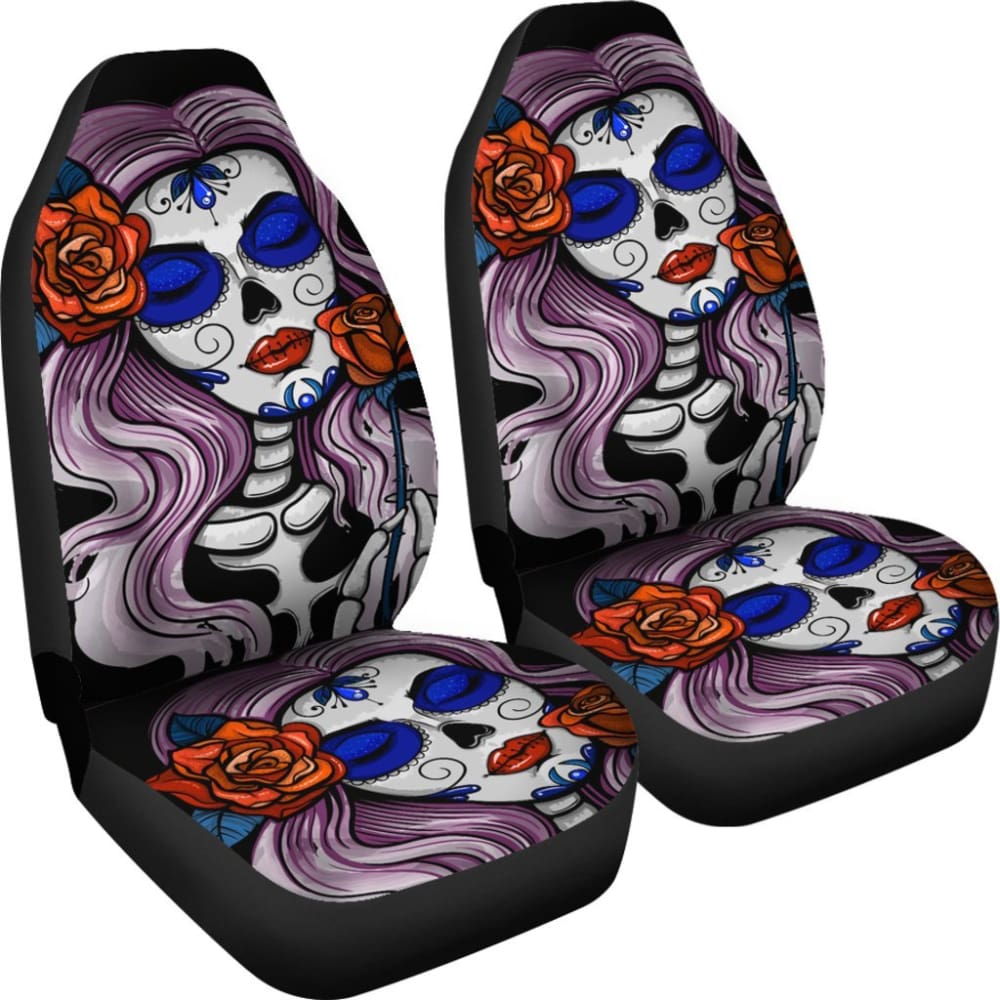 2 Pcs Sugar Skull Car Seat Covers for Women - Gothic Floral Design, Universal Fit for Most Vehicles - Perfect for Day of the Dead Decor & Biker Accessories