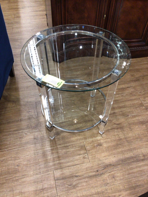 Round Beveled Glass Top Acrylic Base End Table - Modern Side Table for Living Room, Bedroom & Office - Perfect for Coffee, Books & Decor
