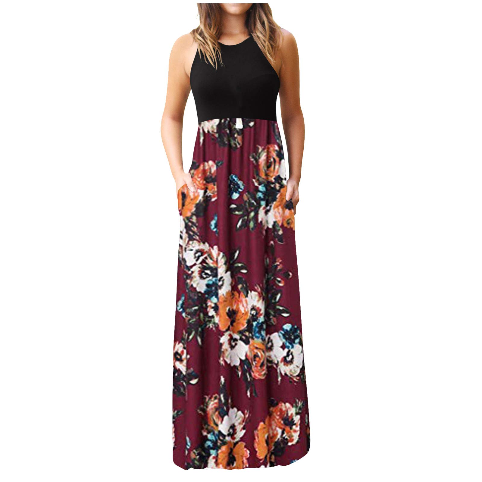 Trendy Sexy Patchwork Striped Retro Floral Sleeveless Boho Long Dress for Women - Summer Casual Sun Dress with Pockets | Perfect for Beach Vacations, Music Festivals & Date Nights