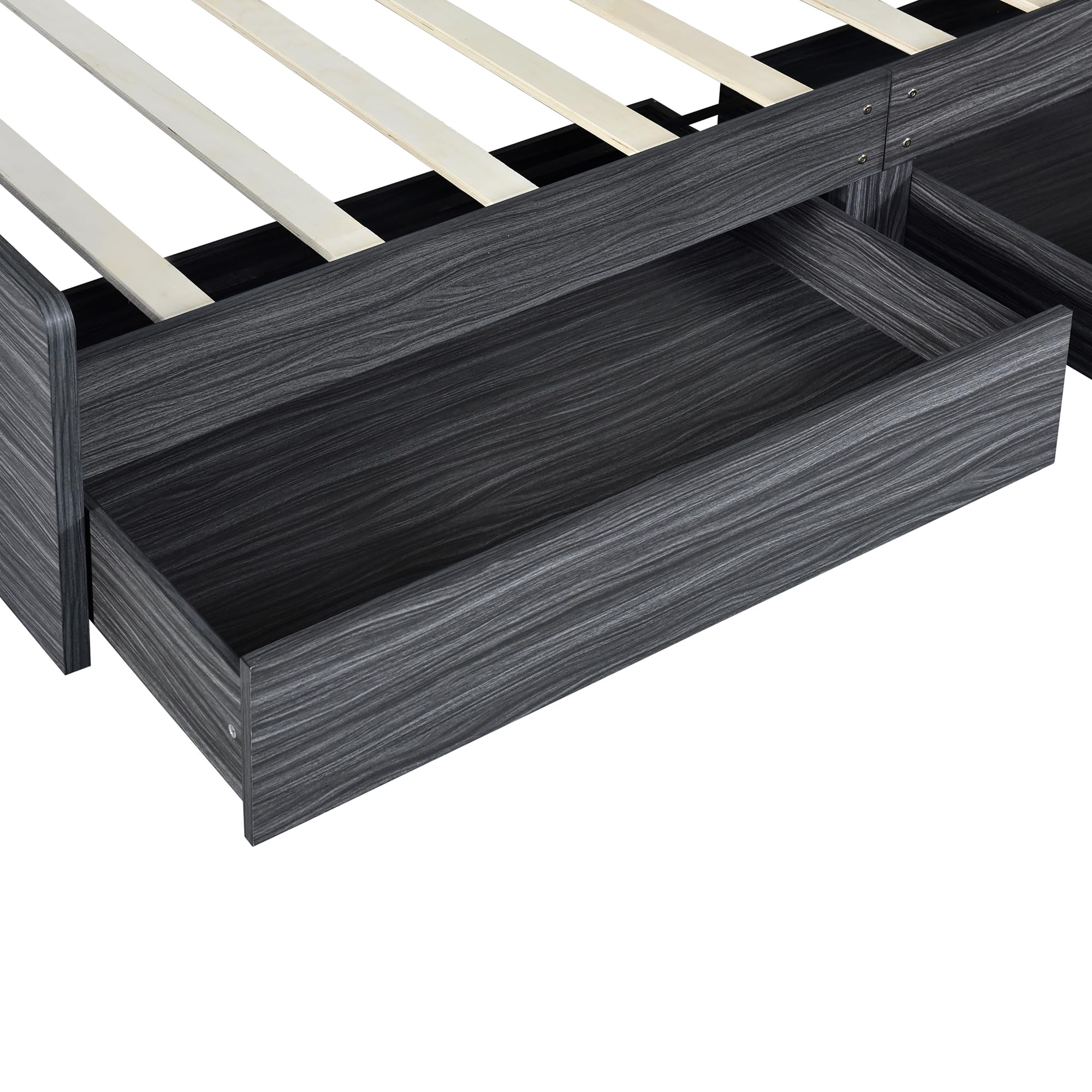 P PURLOVE Twin Size LED Light Bed Frame with Storage Headboard & Drawer - Solid Wood Platform Bed with Slats for Kids, Teens & Adults in Gray - Perfect for Small Bedrooms, Dorm Rooms & Guest Rooms