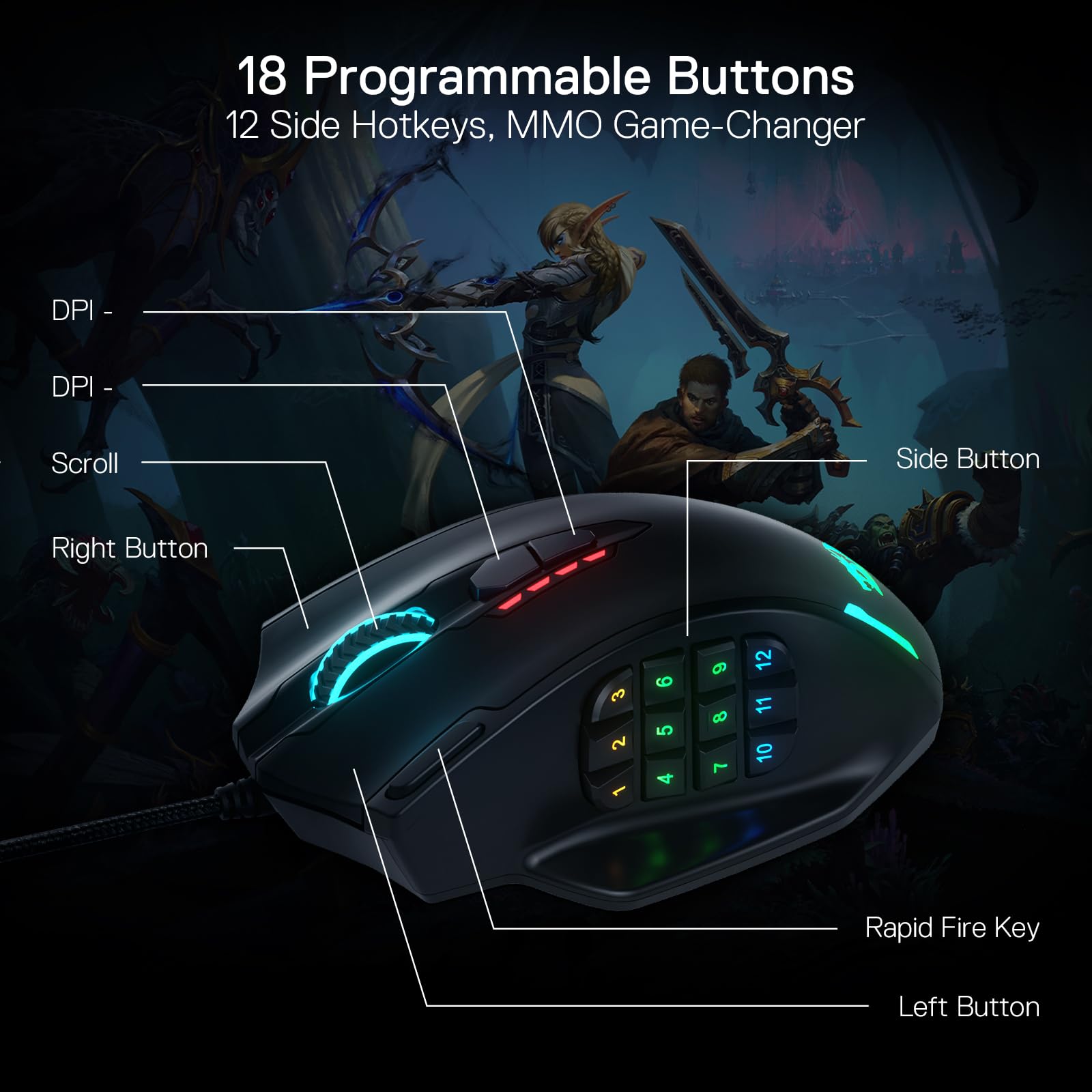 Redragon M908 Impact RGB LED MMO Gaming Mouse - 12 Programmable Side Buttons, 12,400 DPI Optical Sensor, 18 Macro Shortcuts, Ergonomic Wired Mouse for PC Gaming - Perfect for MMO, RPG & FPS Games