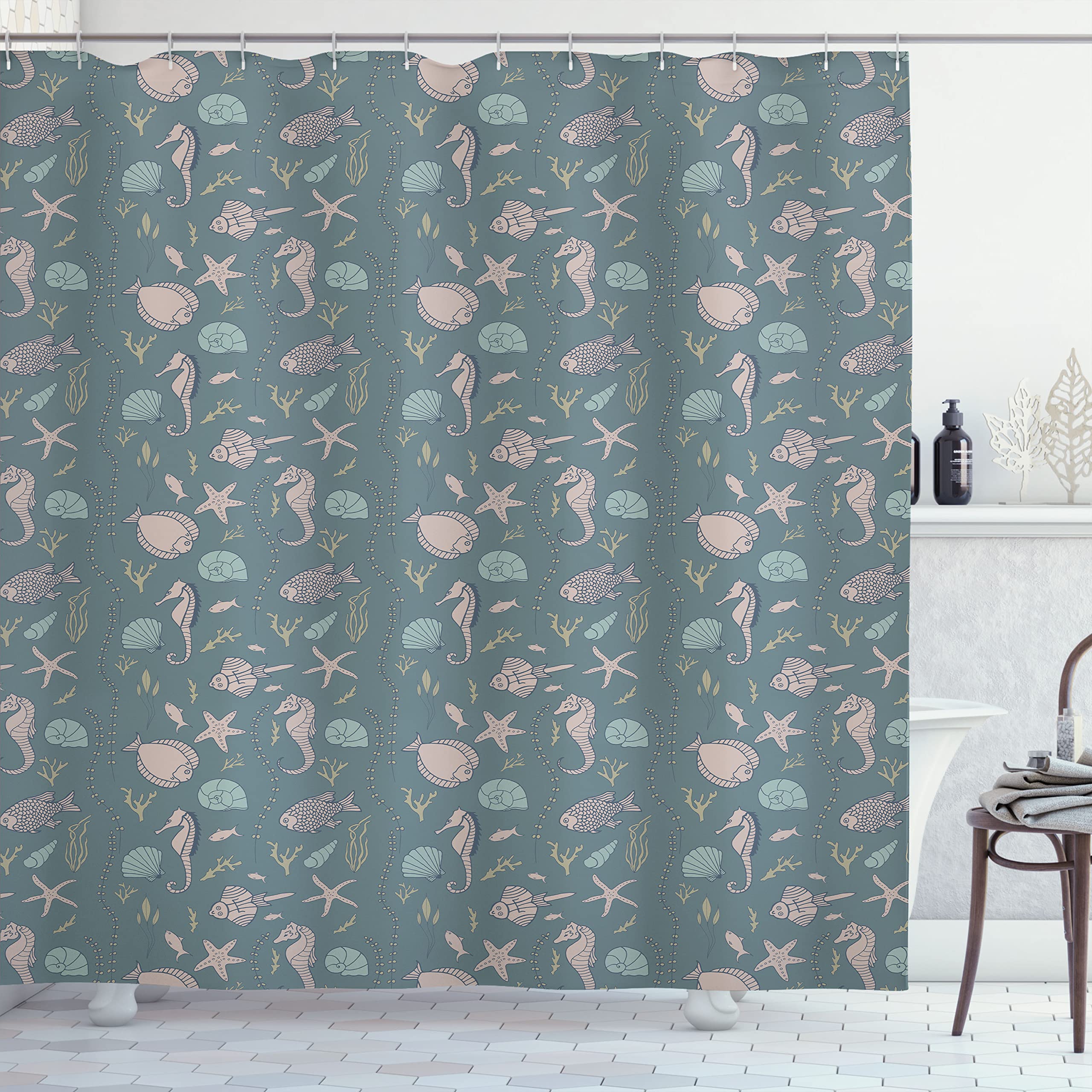 Ambesonne Waterproof Marine Shower Curtain - Underwater Theme with Seahorses, Anemones, Starfish & Coral Reef - Extra Wide 105