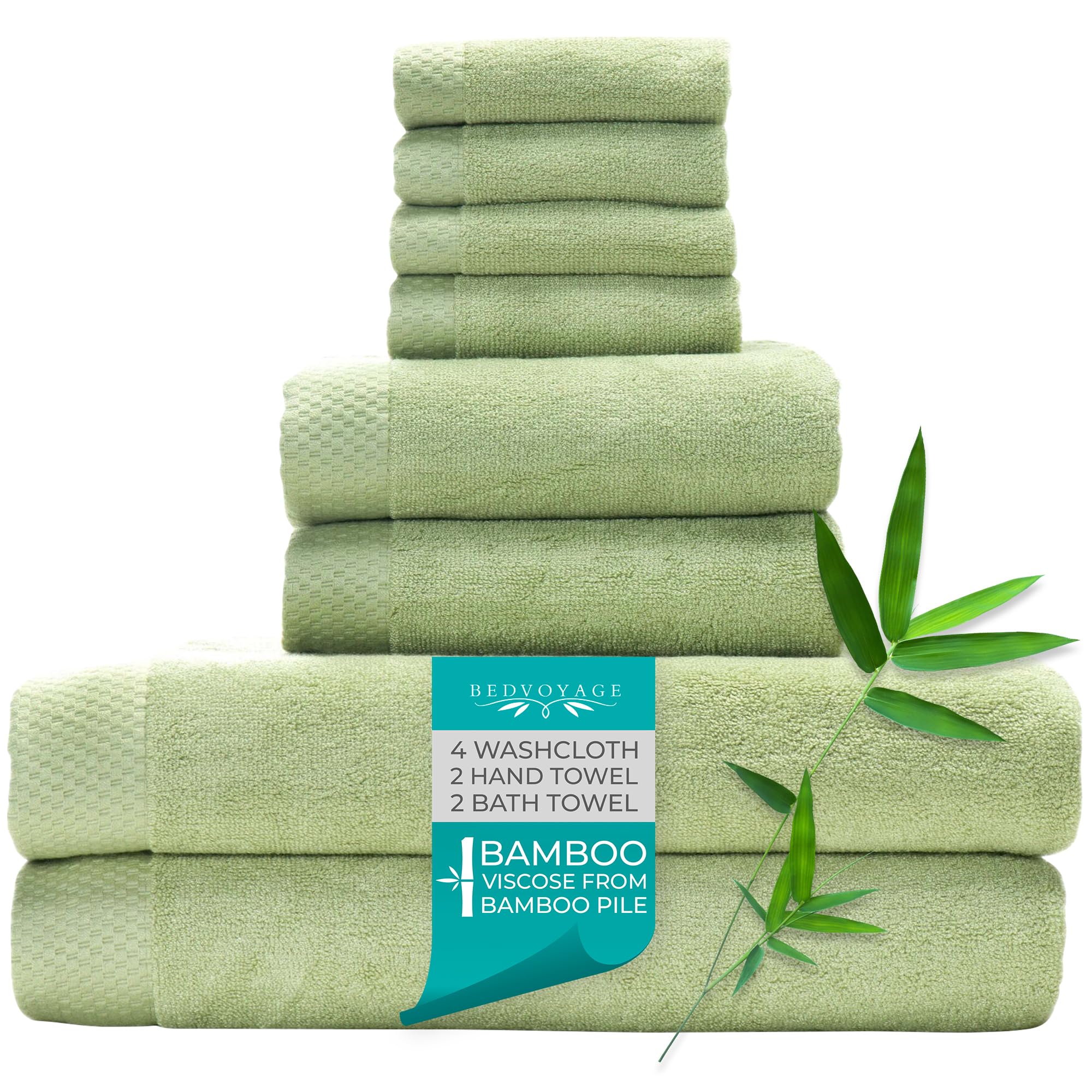 Luxury 8-Piece Bamboo Viscose Towel Set - 600 GSM Ultra Soft, Super Absorbent - 2 Bath Towels, 2 Hand Towels, 4 Washcloths - Eco-Friendly & Hypoallergenic - Perfect for Spa, Bathroom & Hotel Use (Sage Green)