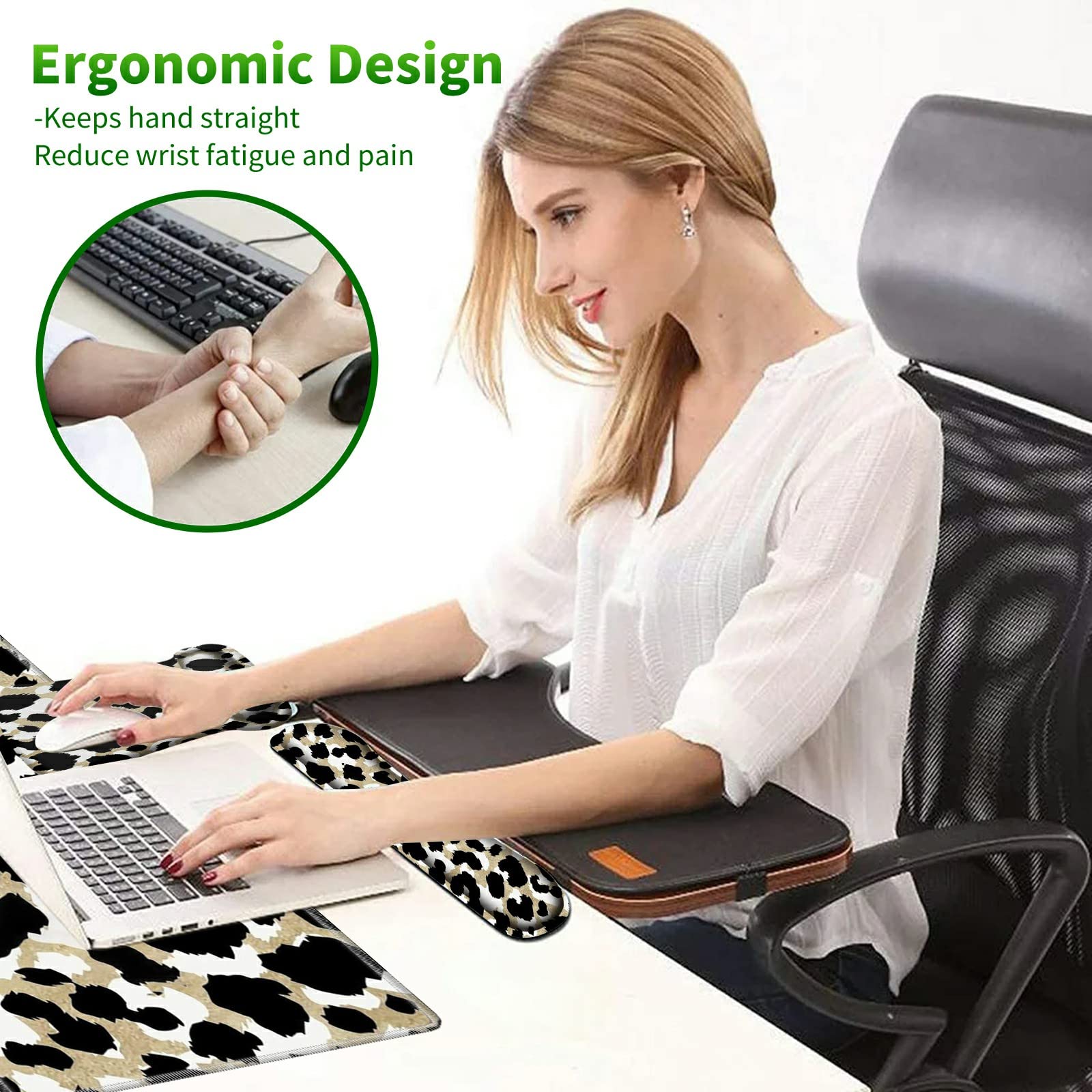Premium Gaming Mouse Pad Set with Memory Foam Wrist Rest & Non-Slip Desk Mat - 31.5×11.8 Inch Leopard Print Mousepad for Keyboard & Mouse - Perfect for PC Gaming, Office Work & Home Computer Setup