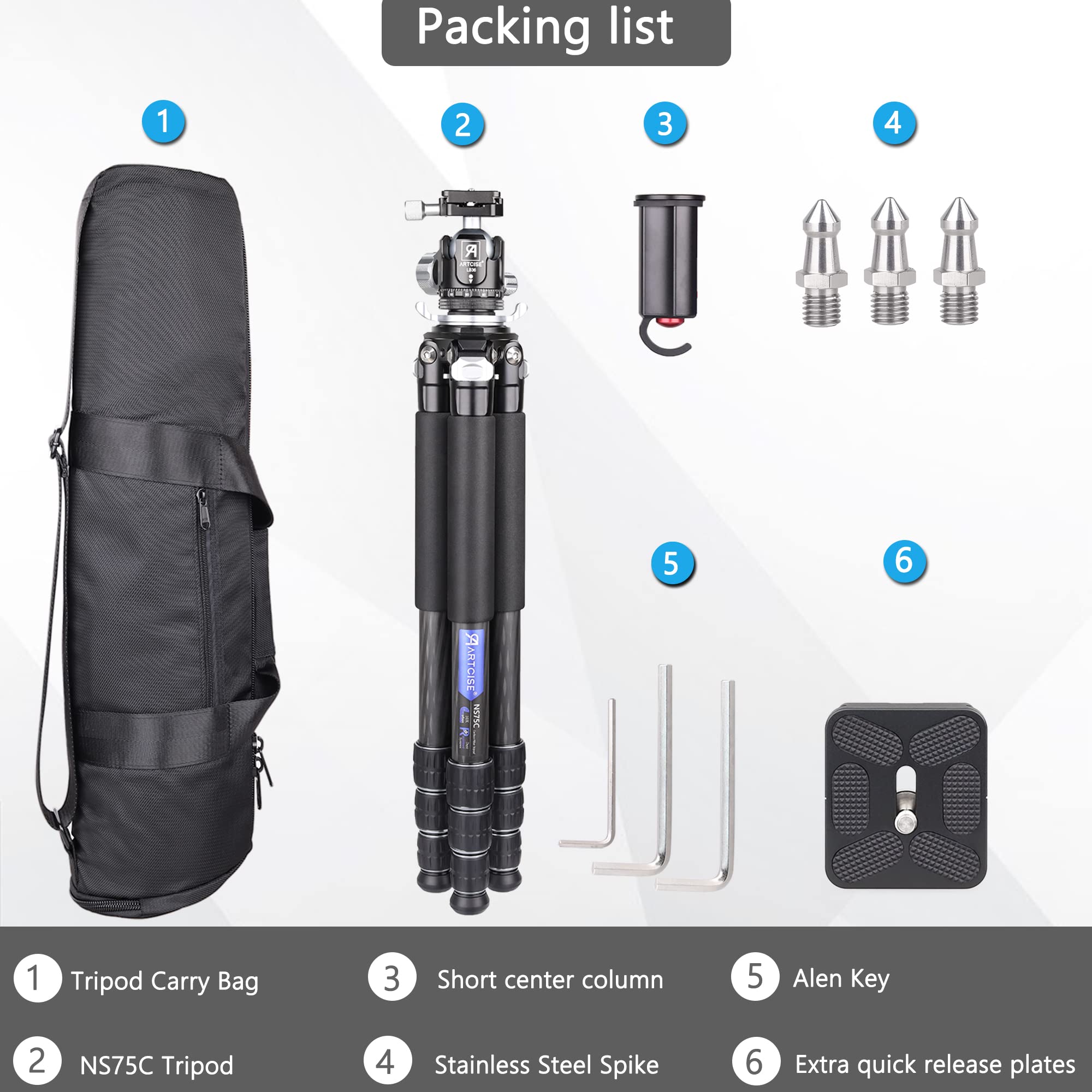 ARTCISE NS75C Professional Carbon Fiber Camera Tripod - 36mm Low Profile Ball Head, Special-Shaped Center Column, 10-Layer Carbon Fiber Legs, 28mm Tube Diameter, 44lbs/20kg Max Load - Perfect for Travel, Landscape & Studio Photography