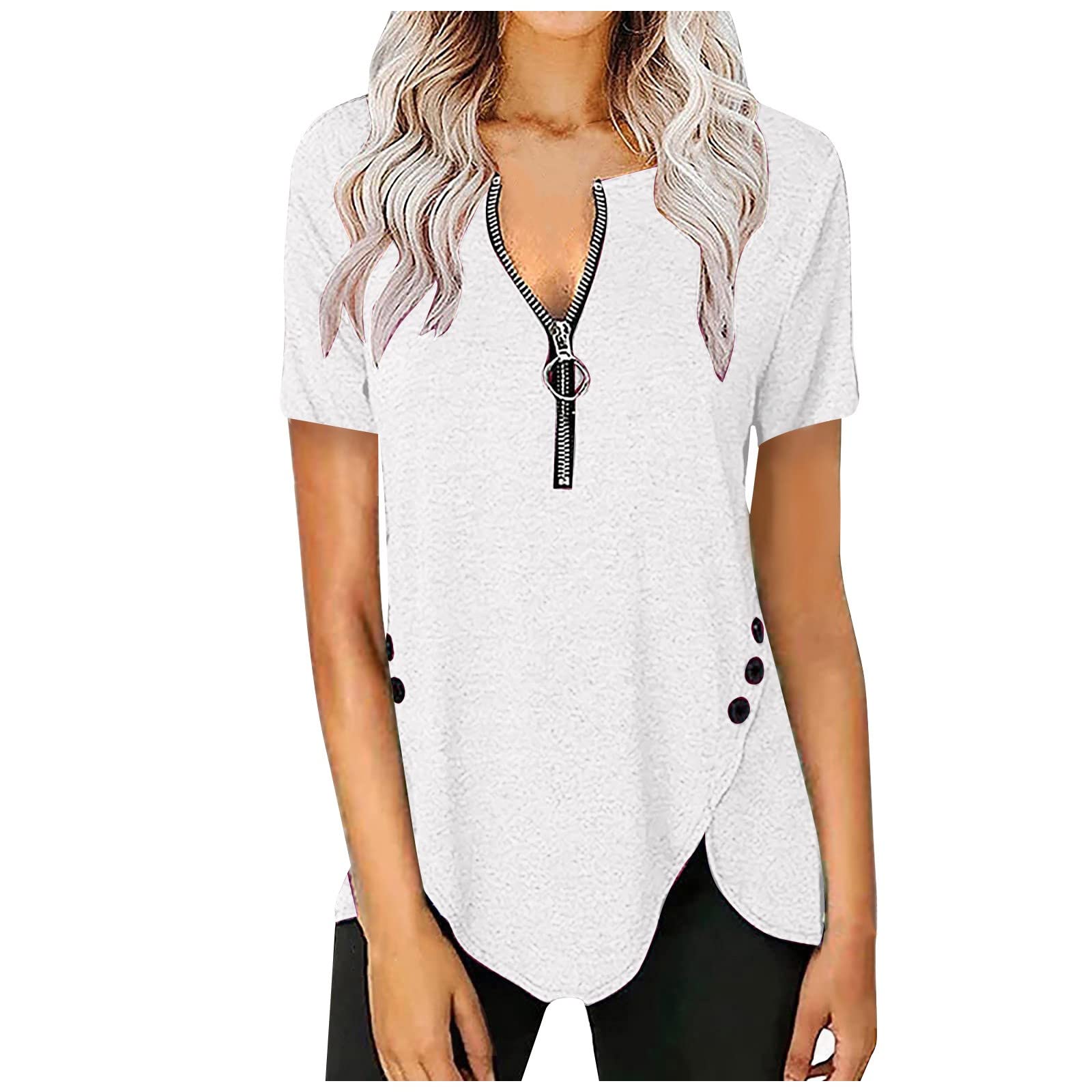 Sexy Cold Shoulder Tops for Women - Lace 3/4 Sleeve V Neck Zipper T-Shirt | Summer & Spring Tunic Pullover | Plus Size Fashion | Perfect for Date Night & Casual Outings