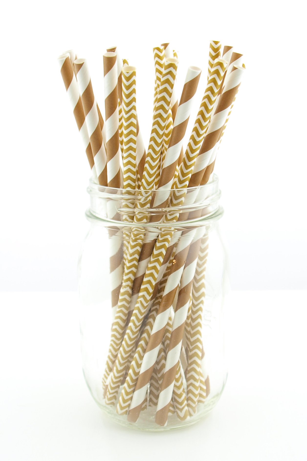 Elegant Gold Wedding Straws - Pack of 50 Brown Striped & Chevron Paper Drinking Straws for Anniversary Parties, Bridal Showers & Luxury Events - Eco-Friendly Disposable Party Supplies