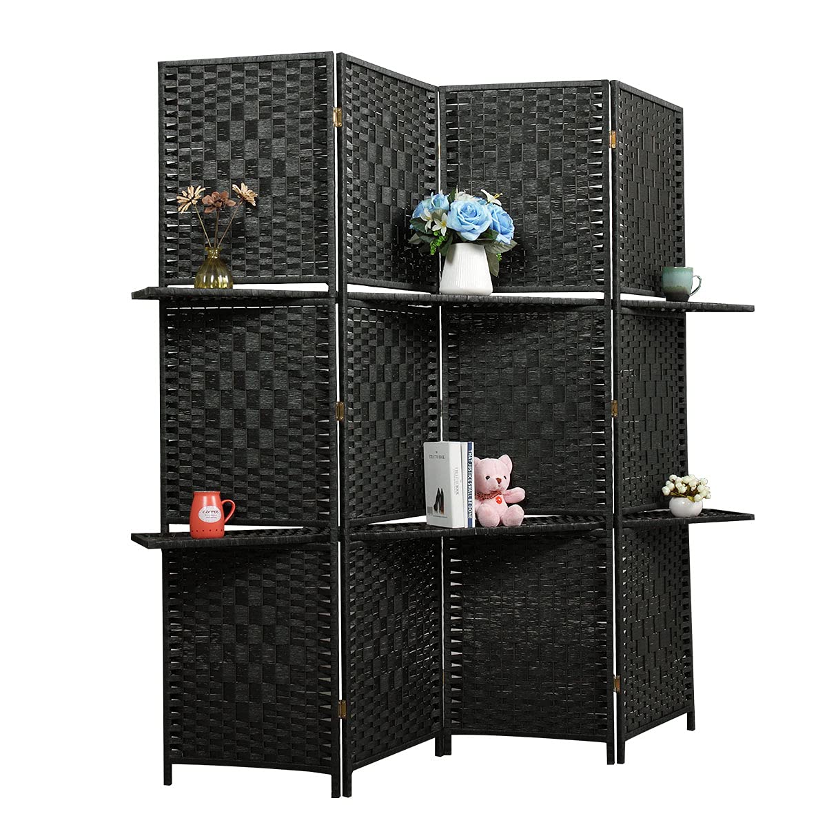 4 Panel Folding Room Divider with 3 Shelves - Black Portable Privacy Screen for Home Office, Bedroom & Dorm | Space Separator for Workstation, Yoga Area & Room Organization