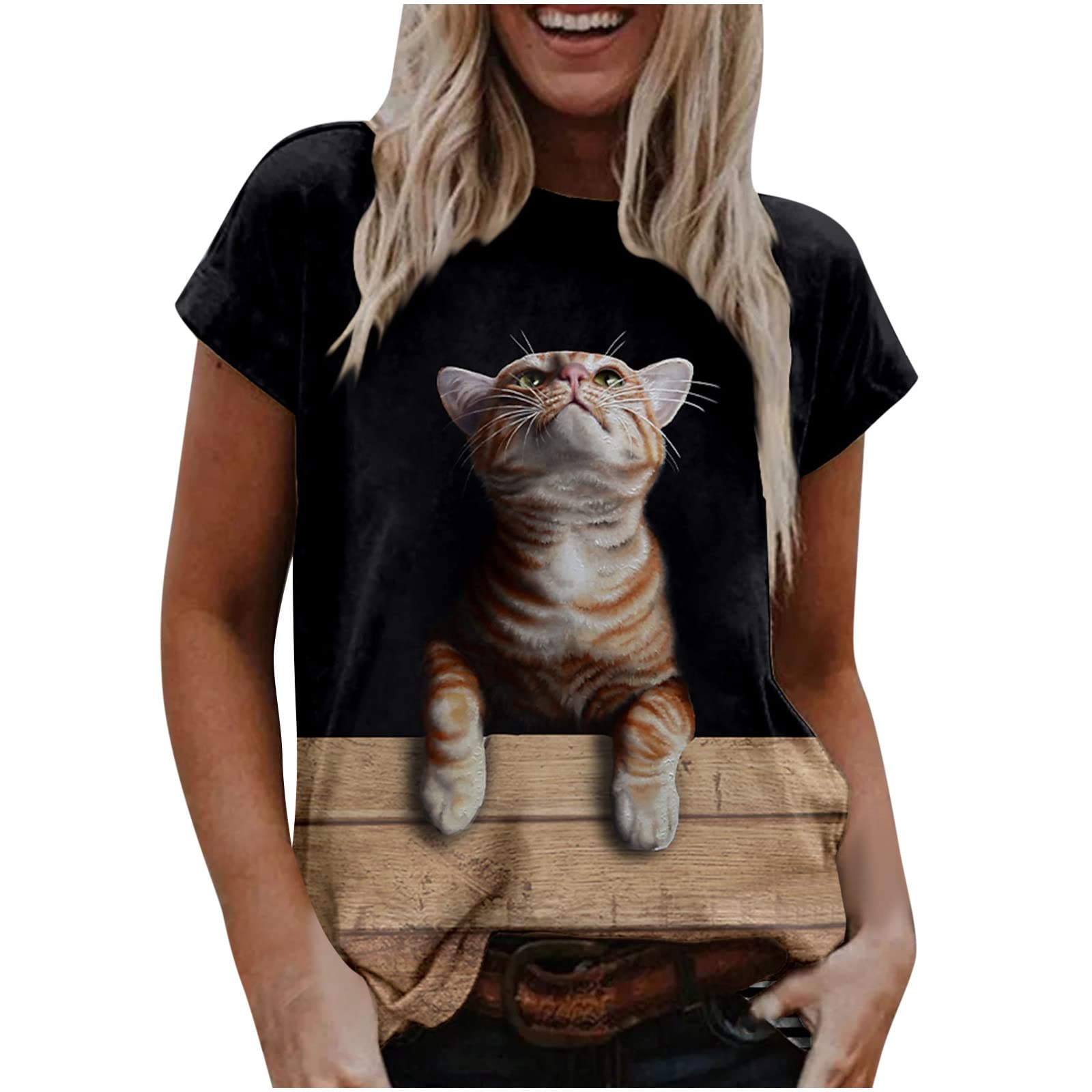 Trendy Women's Summer Short Sleeve Cat Print T-Shirt - Round Neck Casual Pullover Blouse for Workout, Daily Wear & Outdoor Activities