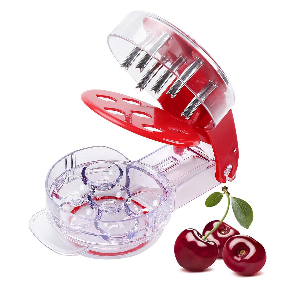 Premium Cherry Pitter Tool - Stainless Steel Fruit Corer for Cherries, Olives, Apricots | Easy & Fast Seed Remover for Kitchen, Baking & Canning | Red Handle (Perfect for Jam Making & Fruit Salads)