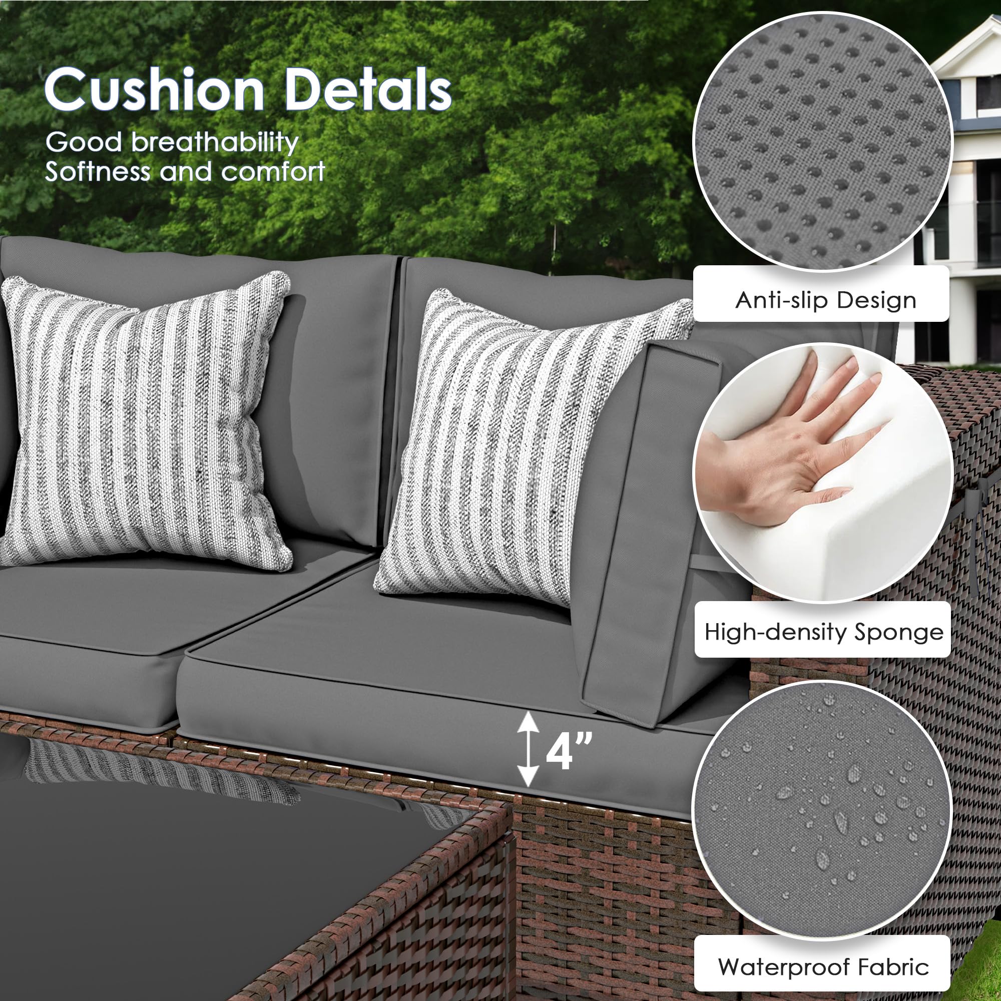 Amopatio 9-Piece All-Weather Outdoor Patio Furniture Set - Modern Wicker Sectional Sofa with Glass Coffee Table, Thick Gray Cushions & Waterproof Cover - Perfect for Backyard, Poolside & Garden Relaxation