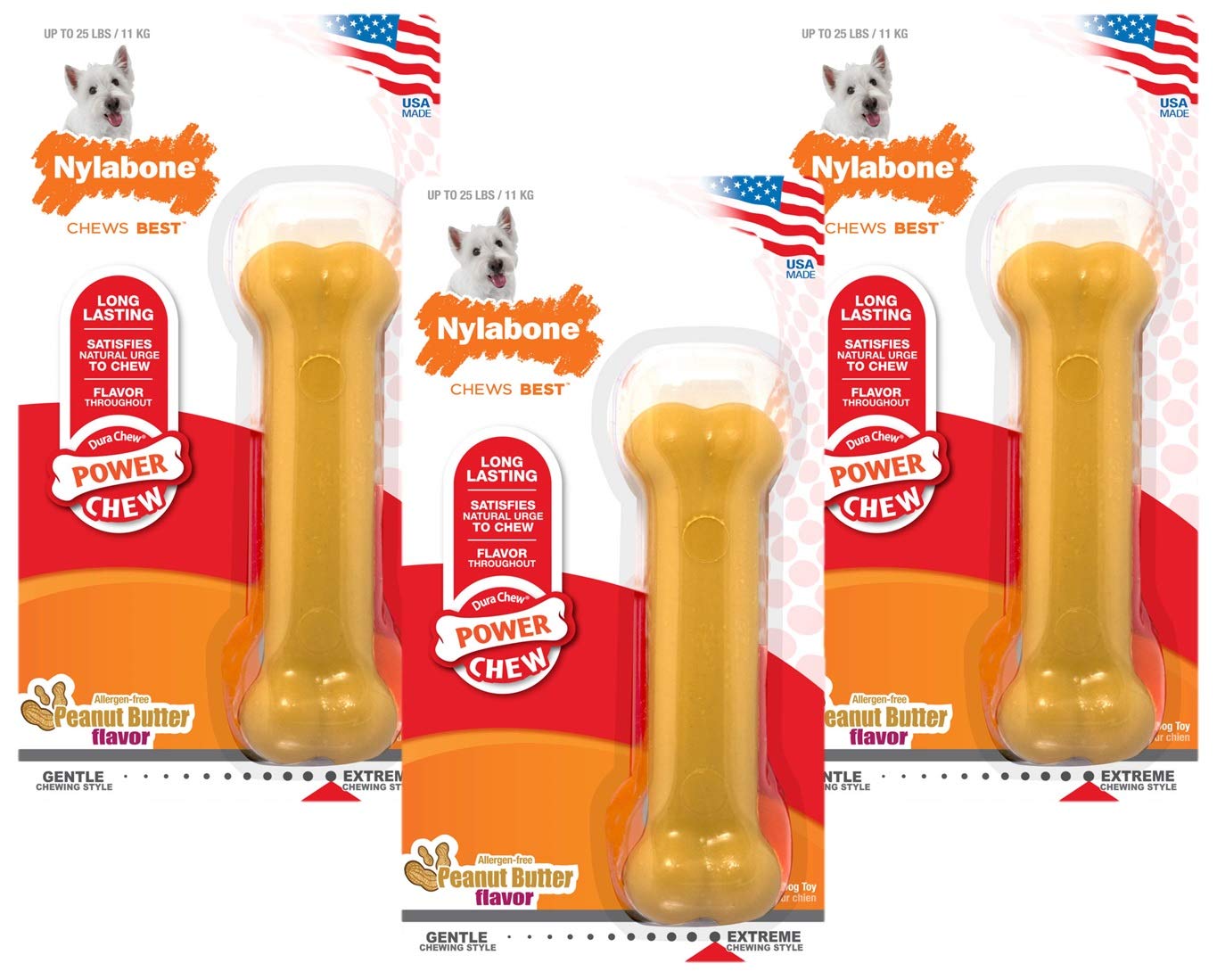 Nylabone Dura Chew Dog Chew Bones - Peanut Butter Flavor, 3 Pack - Long-Lasting Dental Chew Toys for Medium & Large Dogs - Perfect for Teething, Boredom & Dental Health