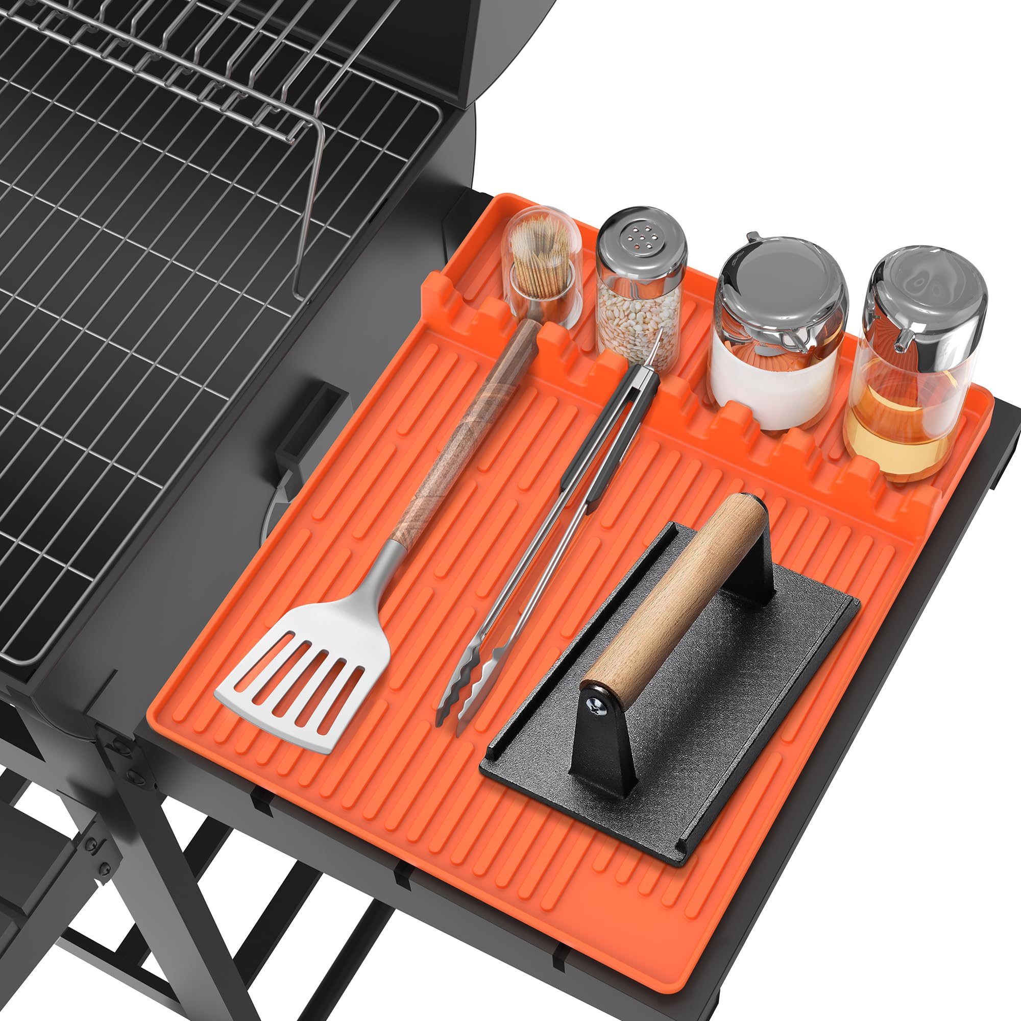 Premium Silicone Griddle Tools Mat for Blackstone - Large Non-Slip Spatula Mat with Drip Tray - Heat-Resistant BBQ Grill Accessories - Side Shelf Protector for Blackstone Griddles (Orange) - Perfect for Outdoor Cooking, Camping & Backyard BBQs
