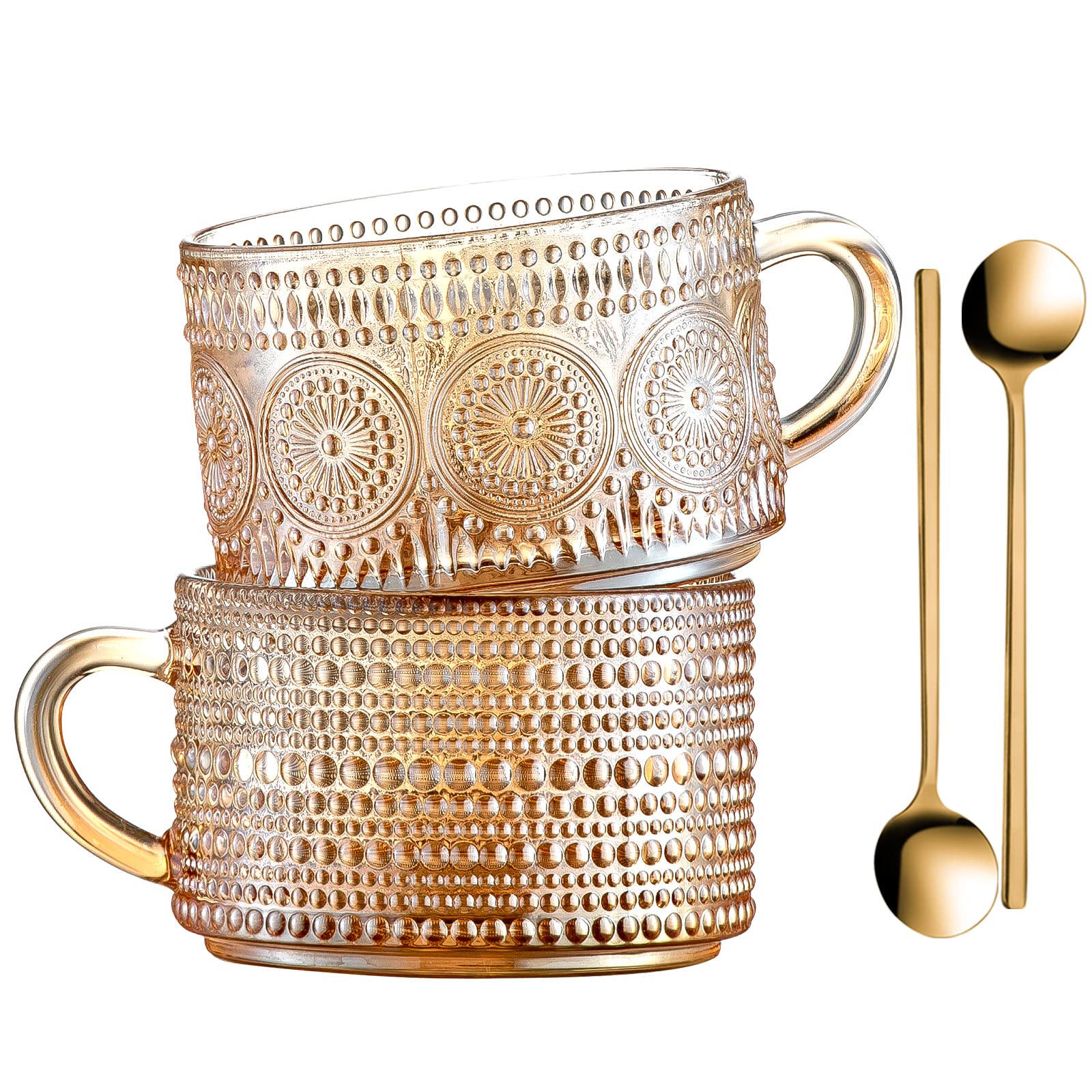 Gezzeny Vintage Glass Coffee Mugs 14 Oz Set of 2 - Amber Embossed Tea Cups for Cappuccino, Latte, Cereal & Yogurt - Heat Resistant Beverage Glasses for Hot & Cold Drinks - Perfect Gift for Mother's Day, Father's Day, Birthday - Ideal for Home, Office & Cafe Use
