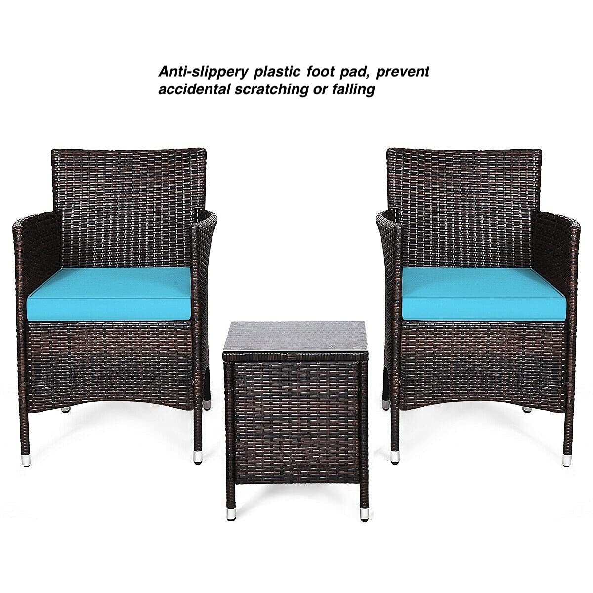 3-Piece Outdoor Patio Furniture Set with 2 Rattan Chairs & 1 Tempered Glass Coffee Table - Blue Soft Cushions for Backyard, Deck, Balcony, Poolside - Perfect for Relaxing, Entertaining & Outdoor Living Spaces