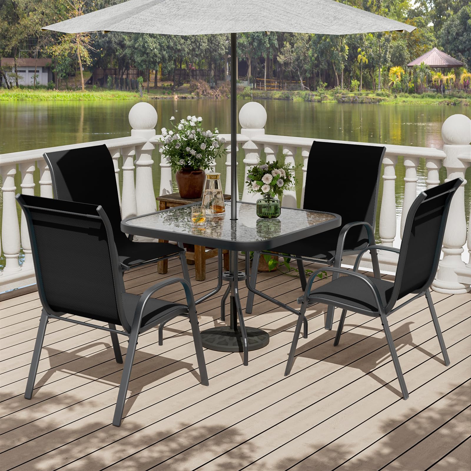 4-Piece Stackable Patio Chairs Set - All-Weather Outdoor Dining Chairs with Breathable Textilene Fabric, 350LB Capacity - Perfect for Garden, Backyard, Deck & Poolside (Black) | Durable Outdoor Furniture for Entertaining & Relaxation
