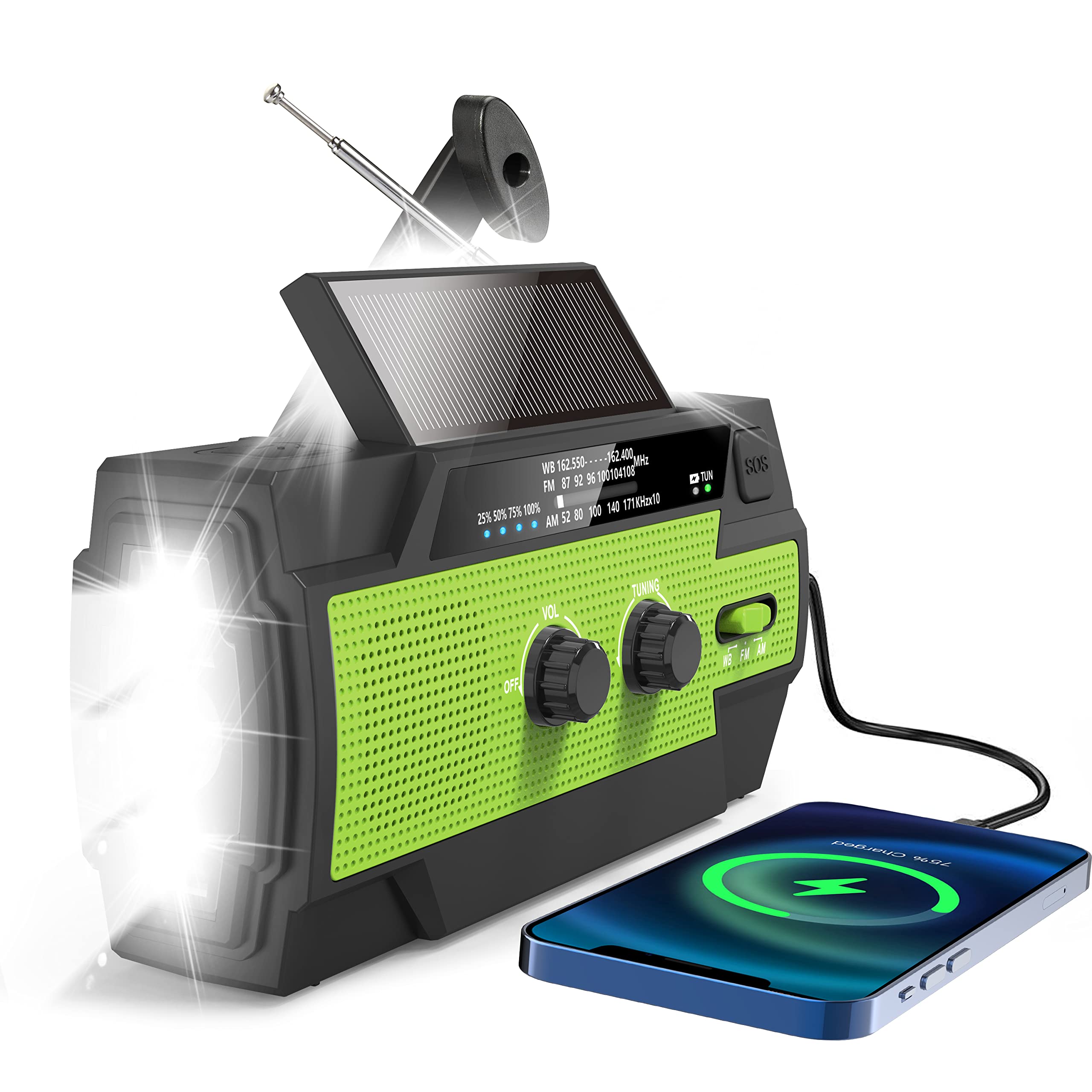 Rychi Emergency Crank Weather Radio with 4000mAh Power Bank - Solar Powered AM/FM/NOAA Portable Radio, 3 Mode Flashlight, Motion Sensor Reading Lamp & SOS Alarm - Perfect for Outdoor Camping, Hiking, and Emergency Preparedness