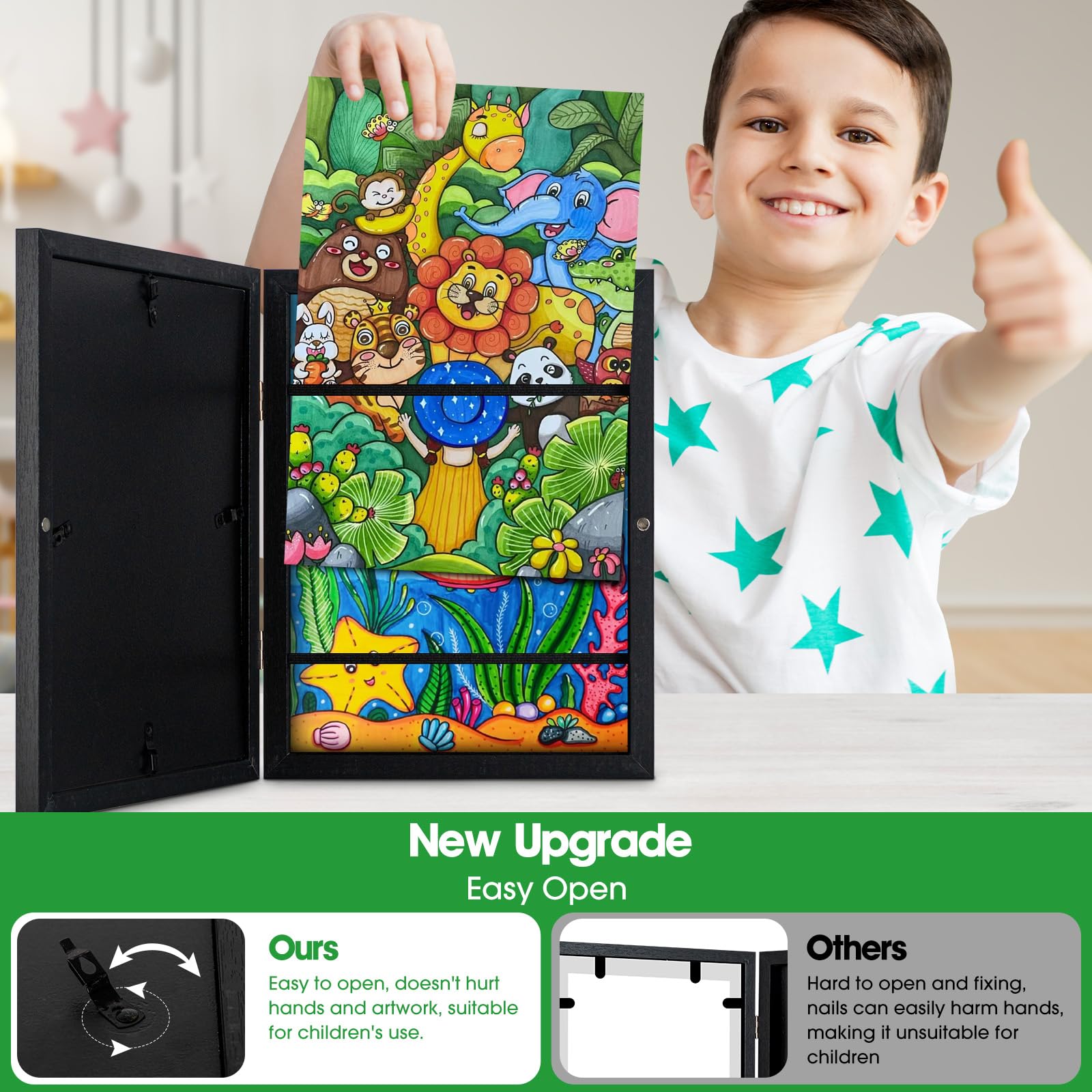 AIOR Kids Art Frame - 8.5 x 11 Front Opening Picture Frame for Children's Artwork | Holds 150 A4 Drawings & Projects | Changeable Display with Stand | Perfect for Classroom Decor, Home Gallery & Gift (Black)