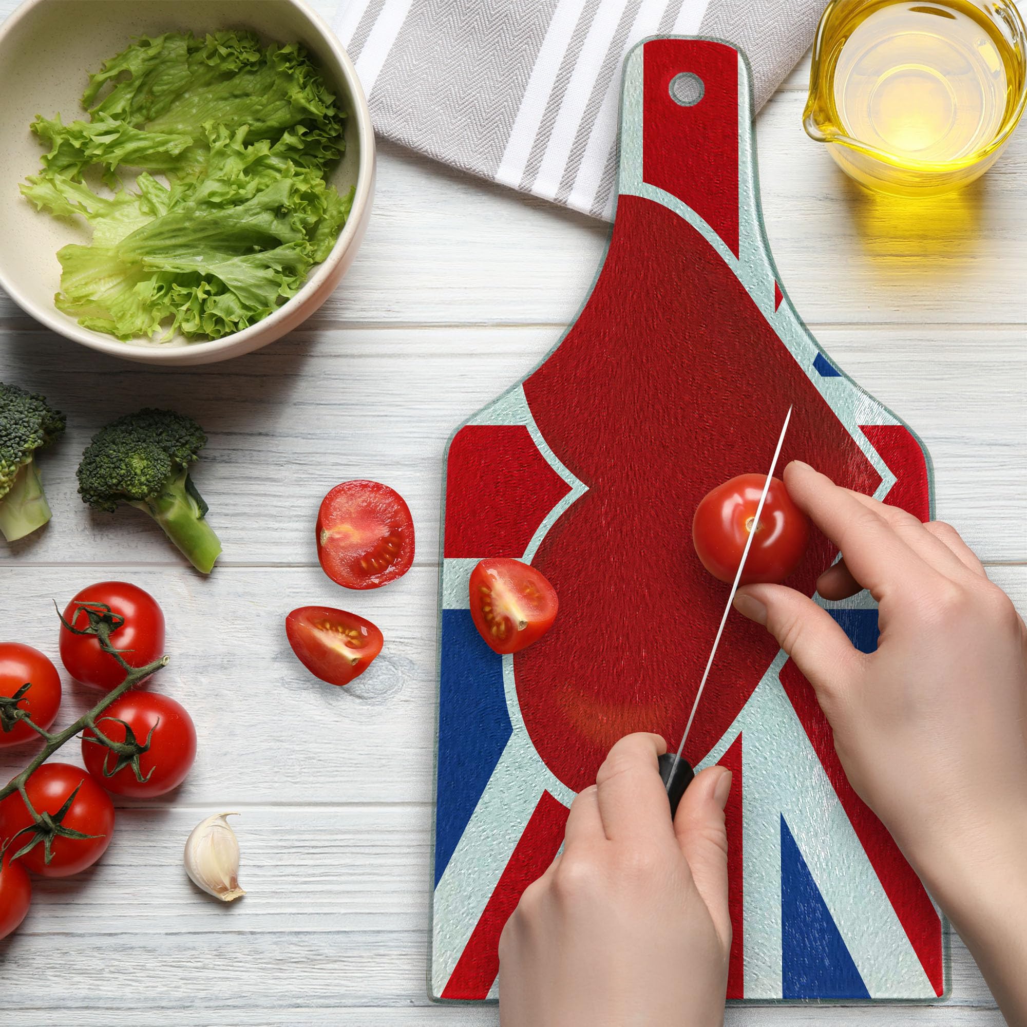 Ambesonne Union Jack Cutting Board - British Flag with Red Heart Center, Tempered Glass Serving Board for Kitchen & Dining - Wine Bottle Shape in Royal Blue, Red & White - Perfect for Entertaining, Gifts & British-Themed Decor
