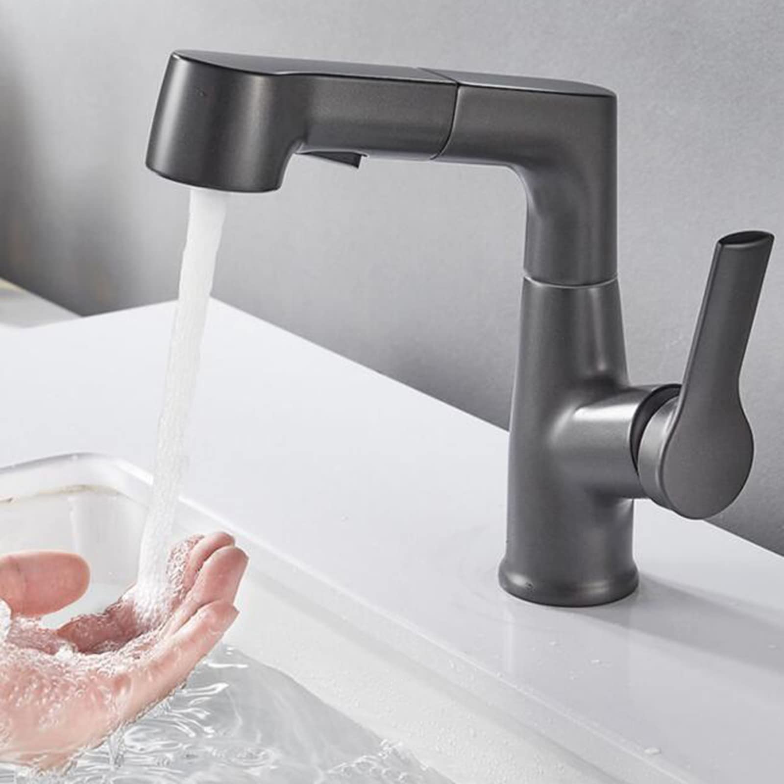 Brass Pull-Out Spray Bathroom Sink Faucet - Retractable Basin Mixer in Gray for Modern Vanity & Powder Room Upgrade