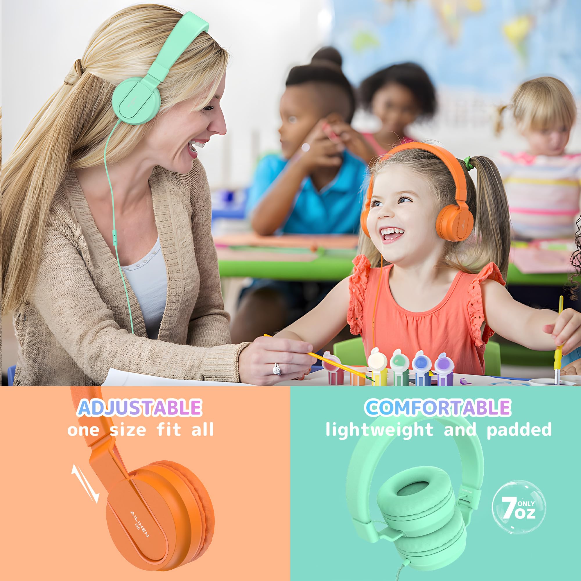AILIHEN 10 Pack Classroom Headphones for Kids - 93dB Volume Limited Wired On-Ear Headset with Microphone, Durable 3.5mm Jack for School K-12 Students, Chromebook, Computer & Library Use - Perfect for Online Learning, Classroom Activities & Quiet Study Time