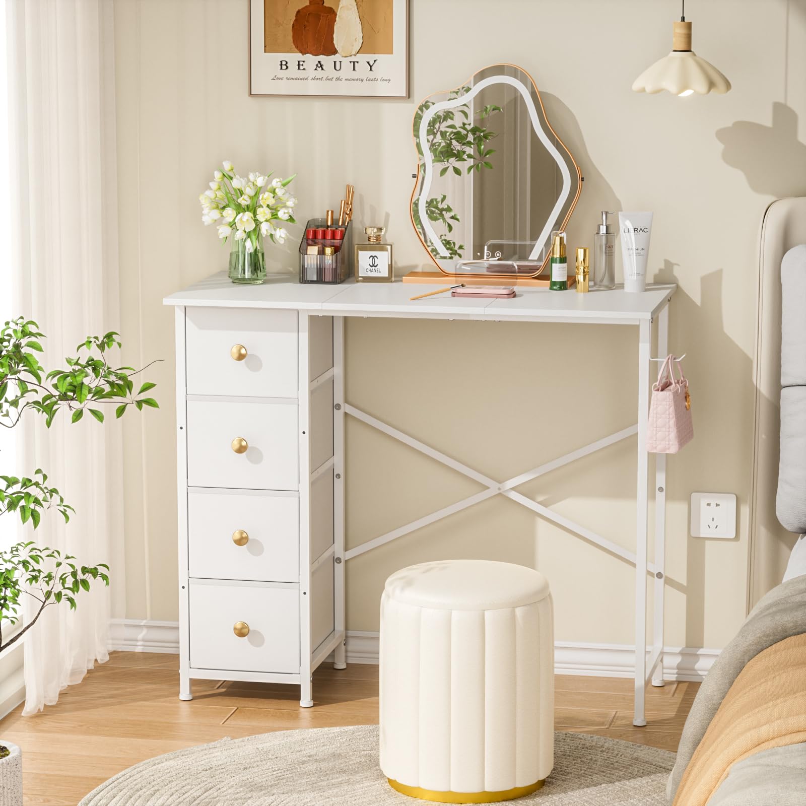 Vanity Desk No Mirror, Small Makeup Vanity Table with 4 Fabric Drawers, White Dressing Table for Small Spaces - 35.4 Inch Girls Bedroom Makeup Desk with Iron Hook | Perfect for Compact Bedrooms, Dorm Rooms & Apartment Decor
