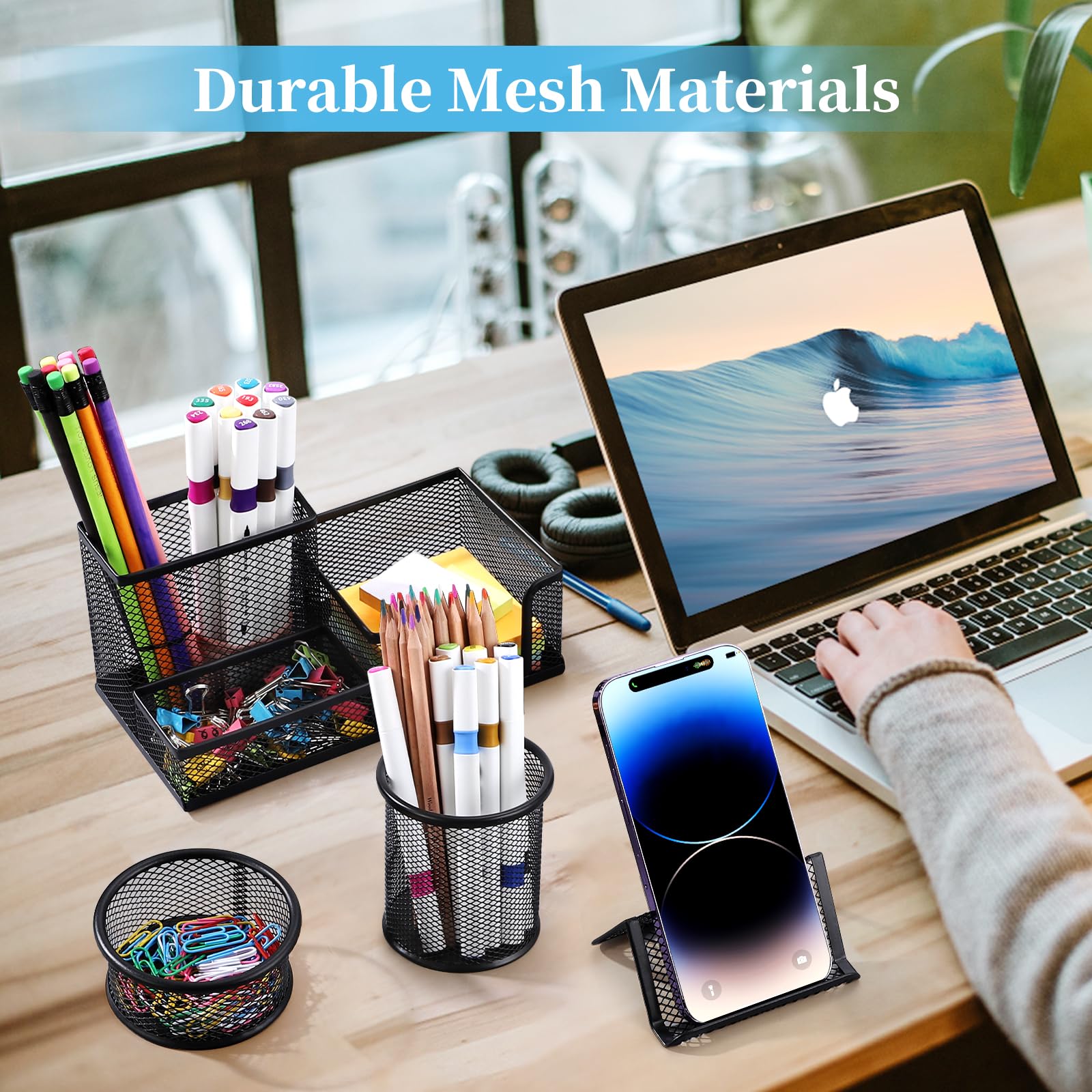 2-Pack Black Mesh Metal Pen Holder for Desk - Pencil Cup, Marker Organizer with Sticky Notes Holder - Perfect for Office, School, Home & Workspace Organization (Desk Caddy, Office Supplies)
