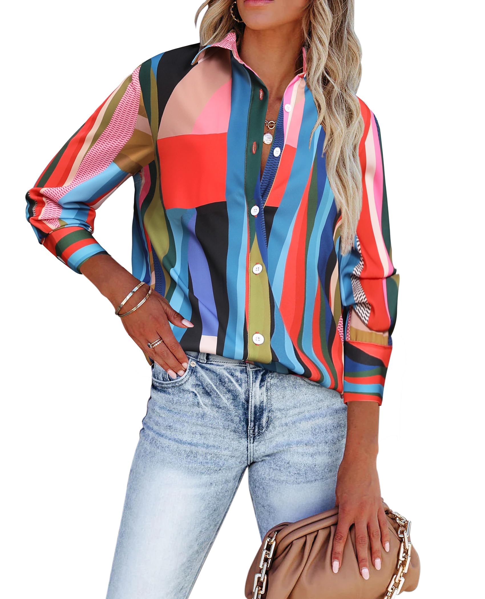 Siliteelon Women's Button Down Shirts - Long Sleeve Wrinkle Free Dress Shirts & Work Blouses, Casual Chiffon Top with Collar for Office, Business & Everyday Wear
