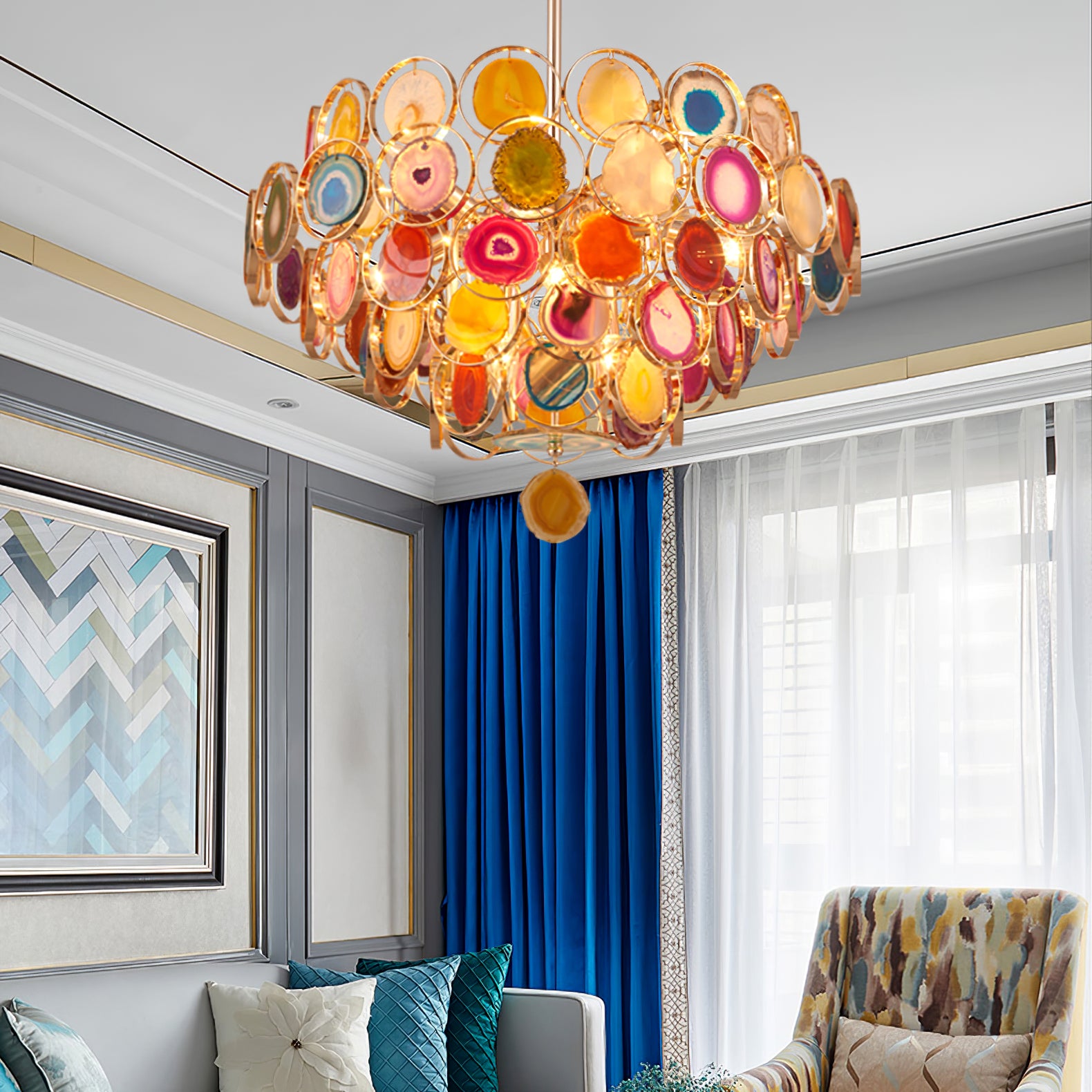 Natural Carnelian Gemstone Chandelier - Handcrafted Bohemian Crystal Beaded Ceiling Light Fixture for Living Room, Dining Room & Bedroom Decor