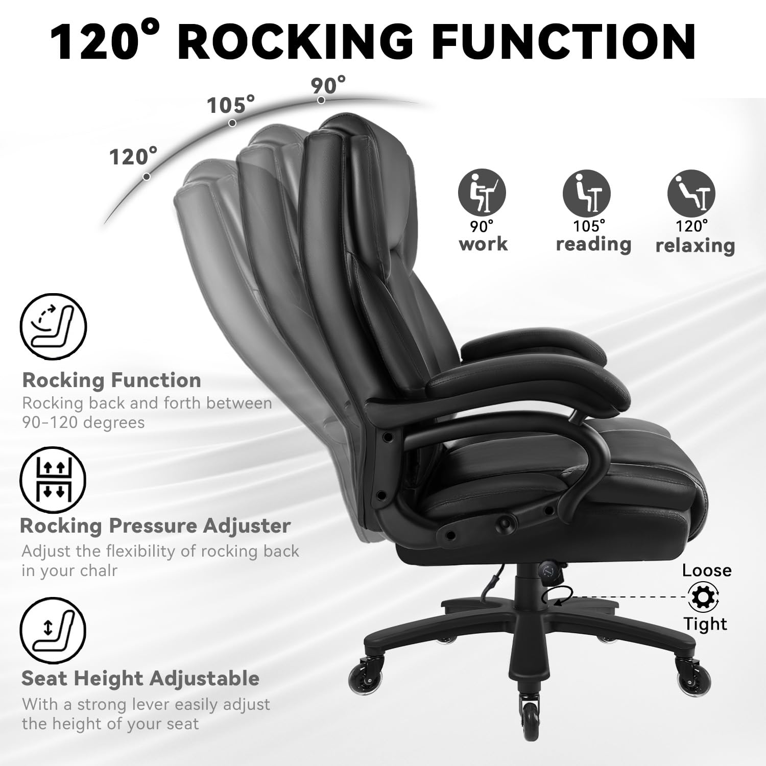 Big and Tall Office Chair 500lbs - Heavy Duty Executive Leather Chair for Large People, Ergonomic High Back Office Chair with Lumbar Support, Quiet Rubber Wheels & Extra Padded Seat - Perfect for Home Office, Gaming or Conference Rooms (Black)