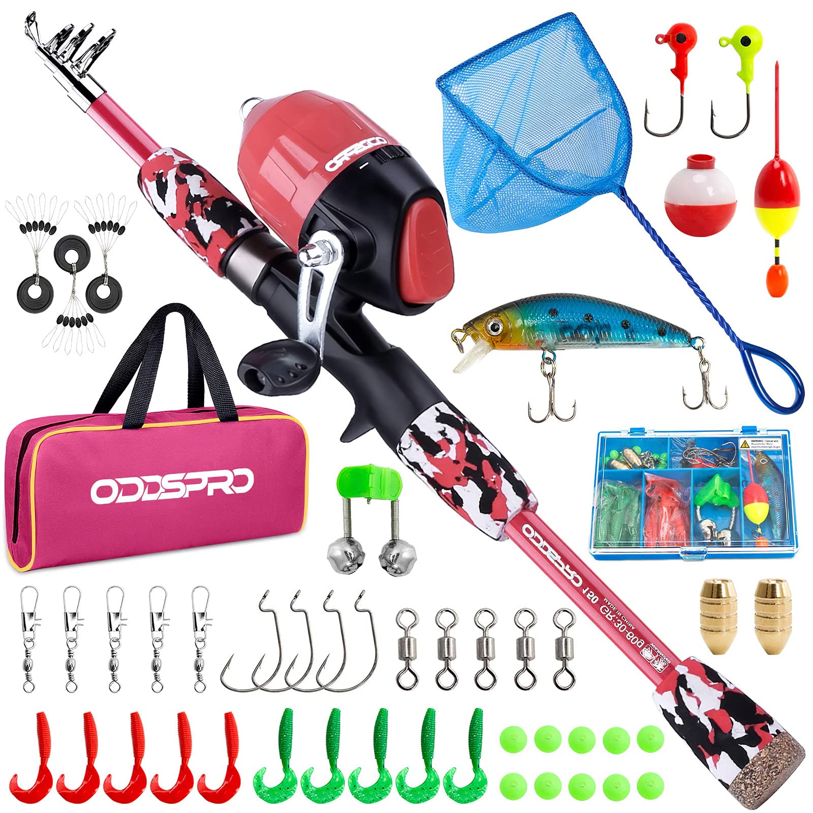 ODDSPRO Kids Fishing Pole Pink - Portable Telescopic Fishing Rod and Reel Combo Kit with Spincast Reel & Tackle Box for Girls & Youth - Perfect for Outdoor Fishing, Camping, and Family Bonding Activities
