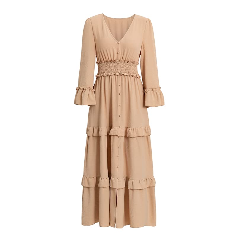 Amegoya Women's V-Neck Long Sleeve Boho Maxi Dress for Wedding Guest, Summer Engagement Party, Beach Vacation & Special Occasions - Flowy Elegant Long Dress