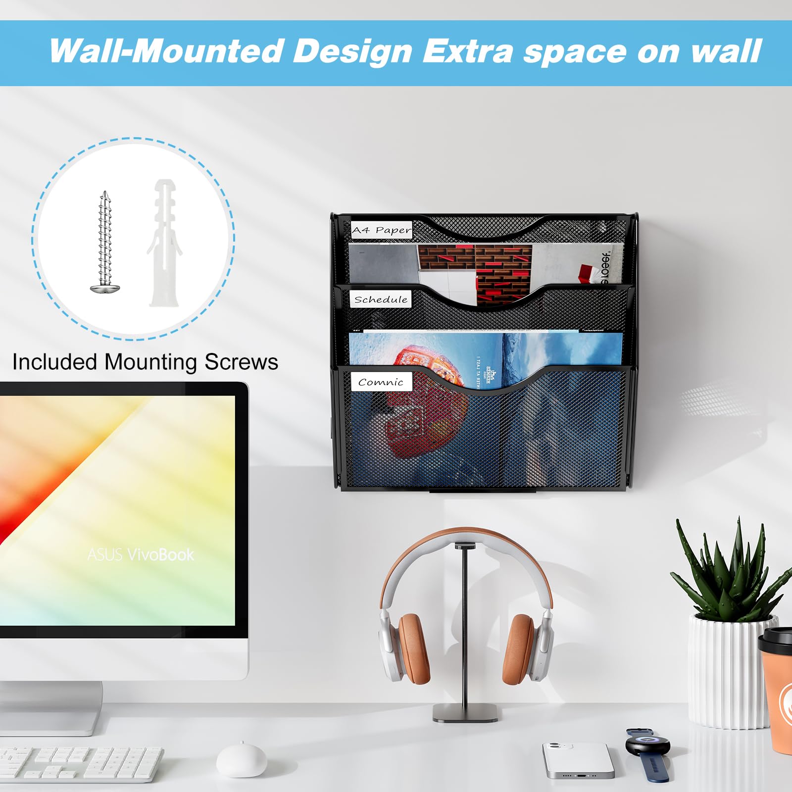 3-Tier Wall Mounted File Organizer - Black Hanging Document Holder for Papers, Magazines & Office Supplies | Perfect for Home Office, Classroom & Workspace Organization