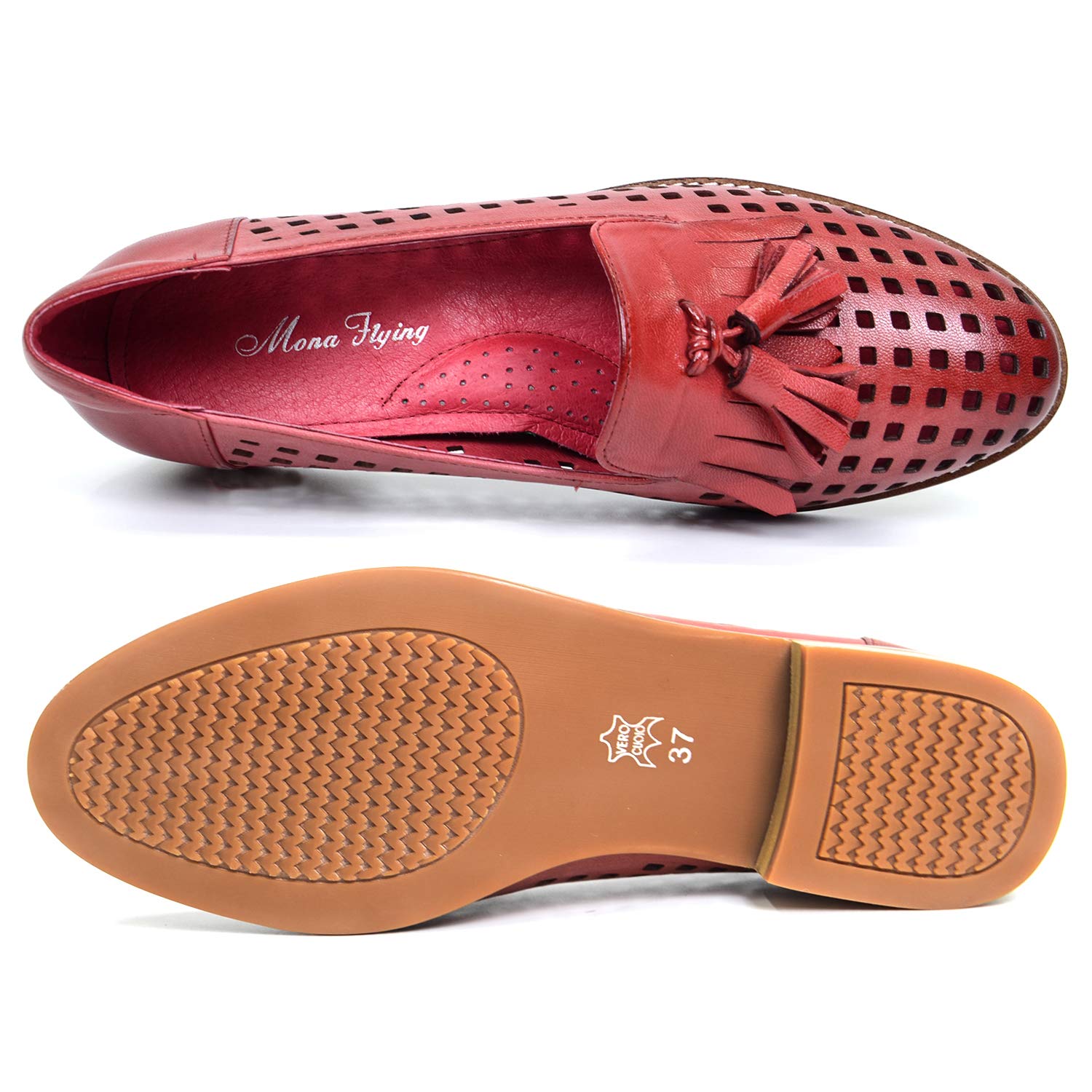 Mona Flying Women's Leather Tassel Loafers - Slip On Flats for Office & Casual Wear - Comfortable Work Shoes for Professional Women & Everyday Use