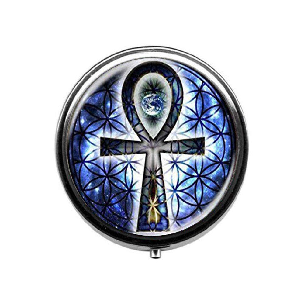 Flower of Life Ankh Pill Box - Sacred Geometry Jewelry & Art Glass Cabochon Candy Box - Perfect for Meditation, Yoga Accessories & Spiritual Gift Giving
