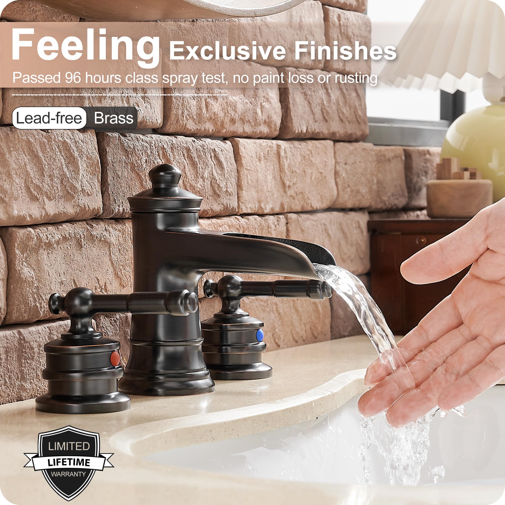 Oil Rubbed Bronze Waterfall Bathroom Faucet - 3 Hole Widespread Sink Faucet with Pop Up Drain for Farmhouse & Hotel Style