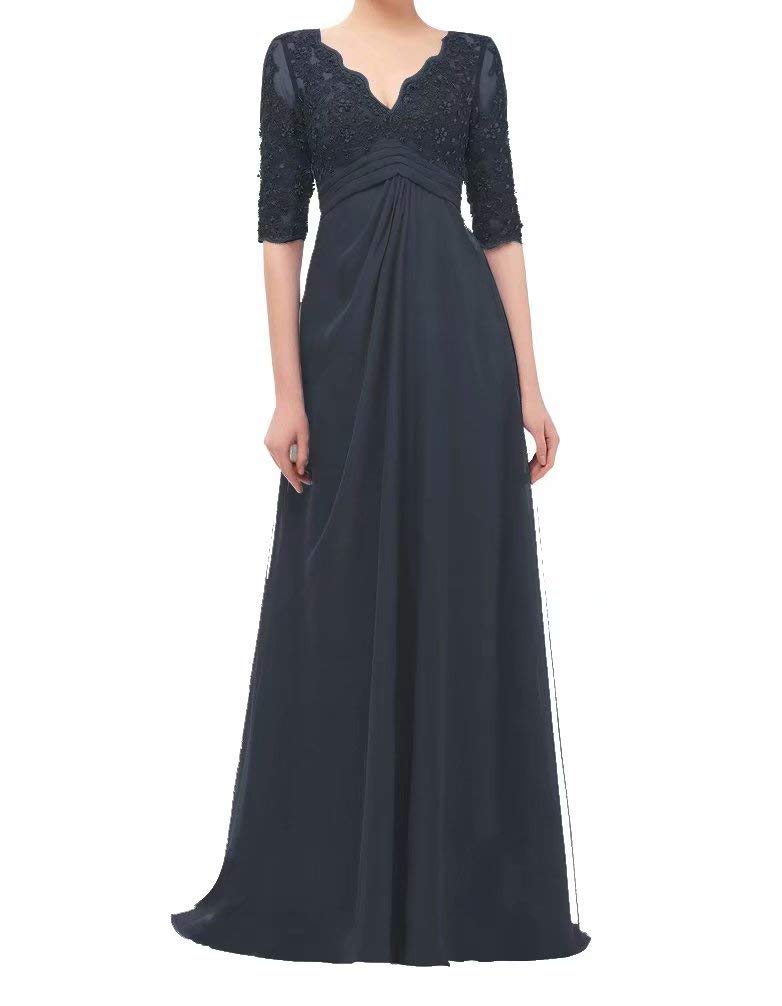 Elegant V-Neck Half Sleeve Lace Beaded Mother of The Bride Dress - Women's Formal Wedding Party Gown for Special Occasions & Evening Events