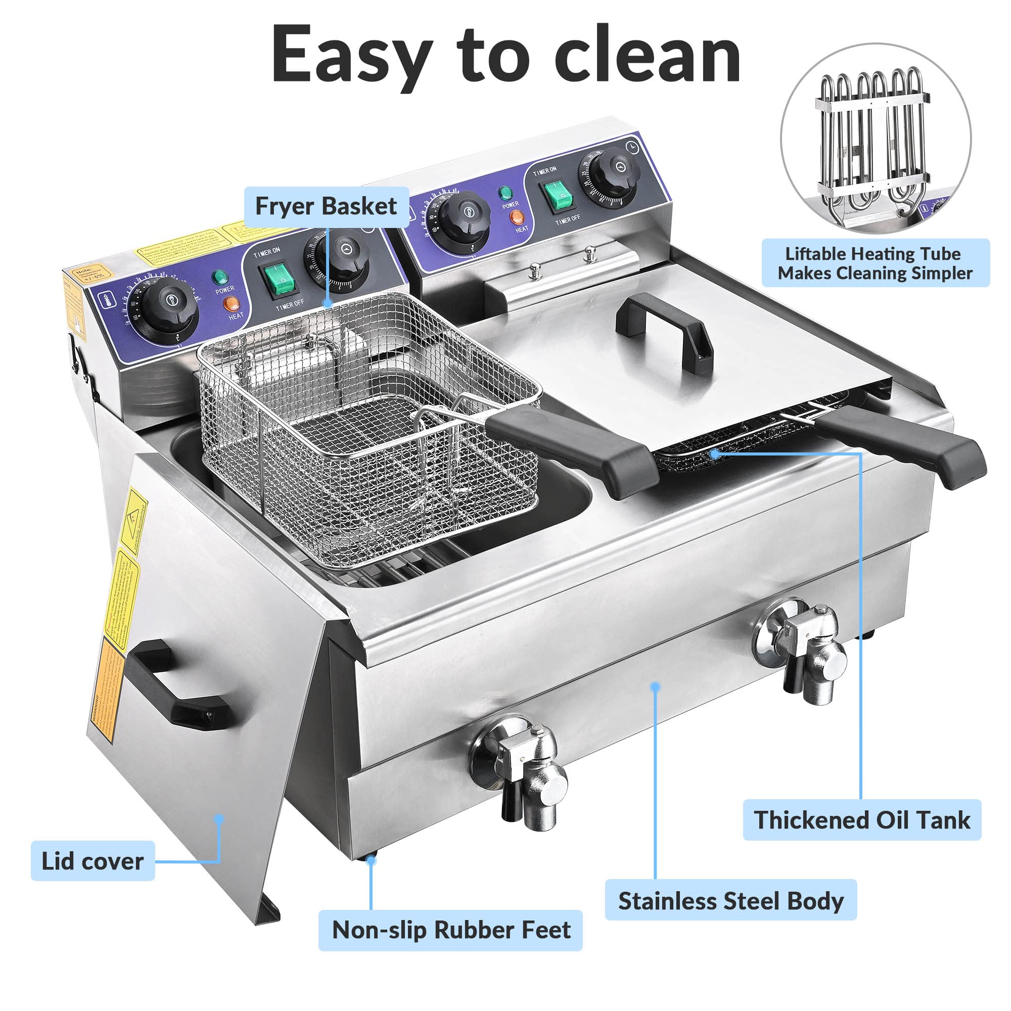 WeChef 23.4L 3000W Commercial Electric Deep Fryer with Timer & Oil Filtration System, Dual Removable Stainless Steel Baskets - Perfect for Restaurants, Fast Food Shops, and Catering Businesses