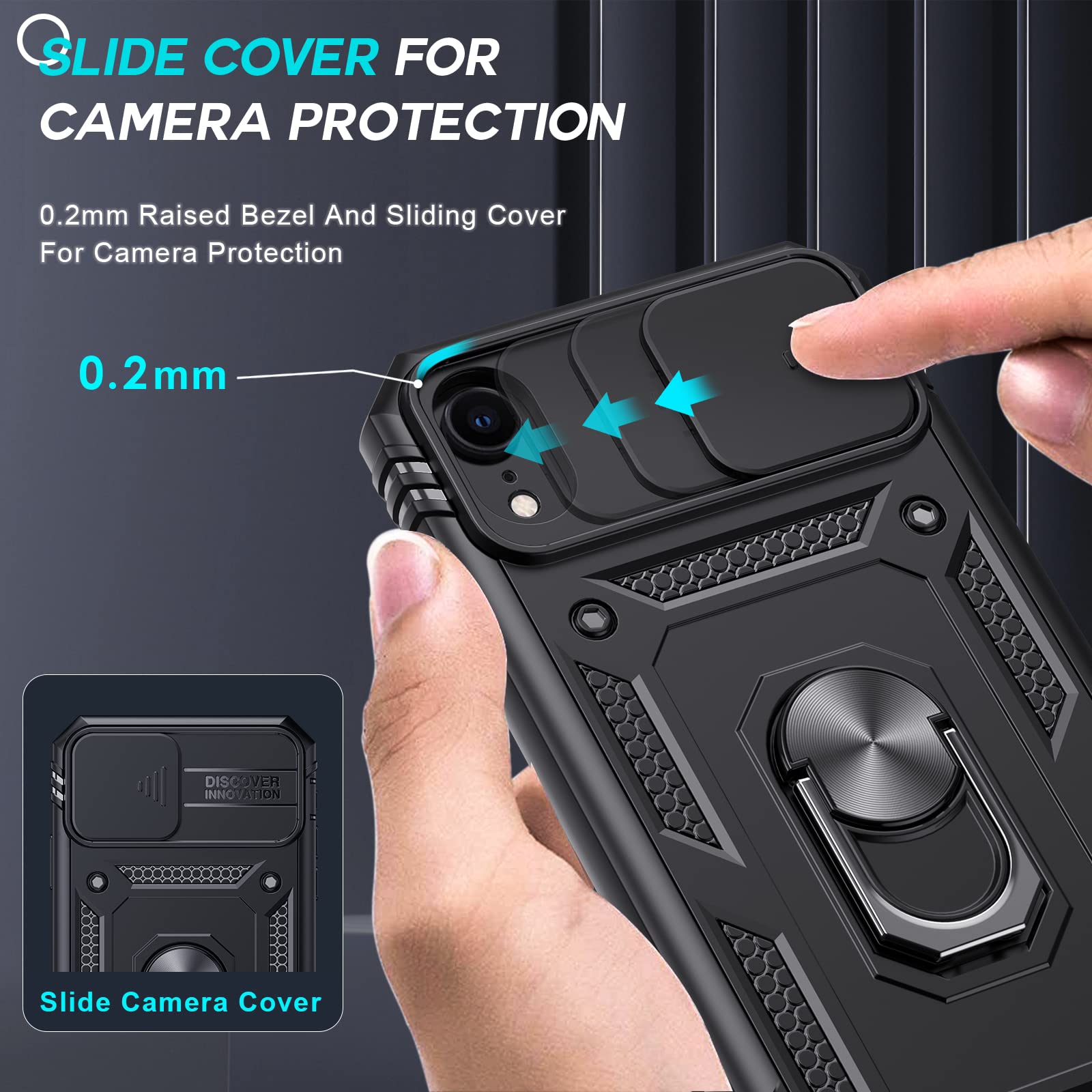 LeYi iPhone XR Case with Slide Camera Cover - Military Grade Full Body Protection + 2 Pack Tempered Glass Screen Protector & Ring Holder - Black | Perfect for Outdoor Activities, Travel and Daily Use