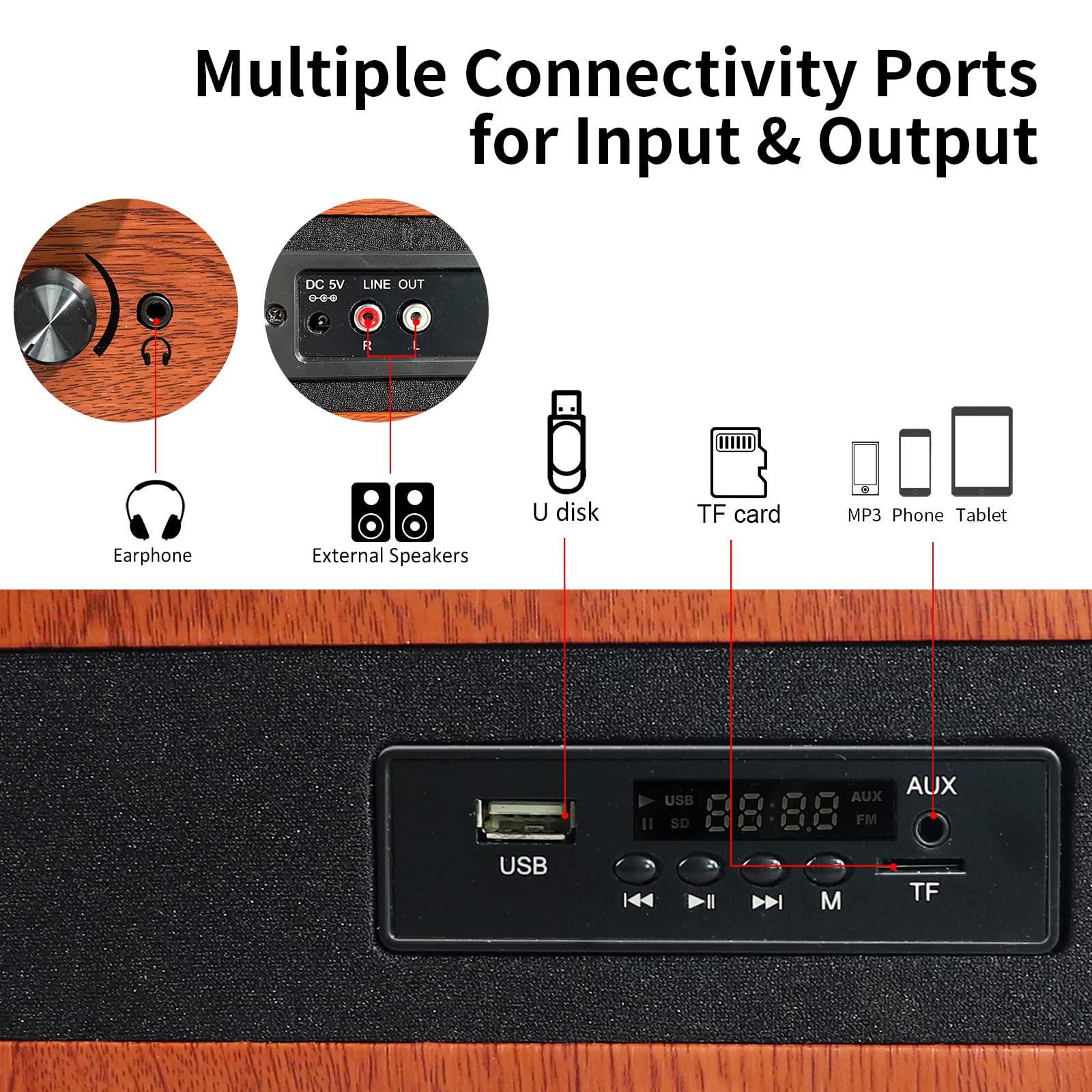 VOSTERIO Bluetooth Record Player - Wireless Turntable with Built-in Speakers, USB/TF Card Playback & Recording, FM Radio, LED Display - Perfect for Home Entertainment, Vinyl Collection & Retro Music Lovers