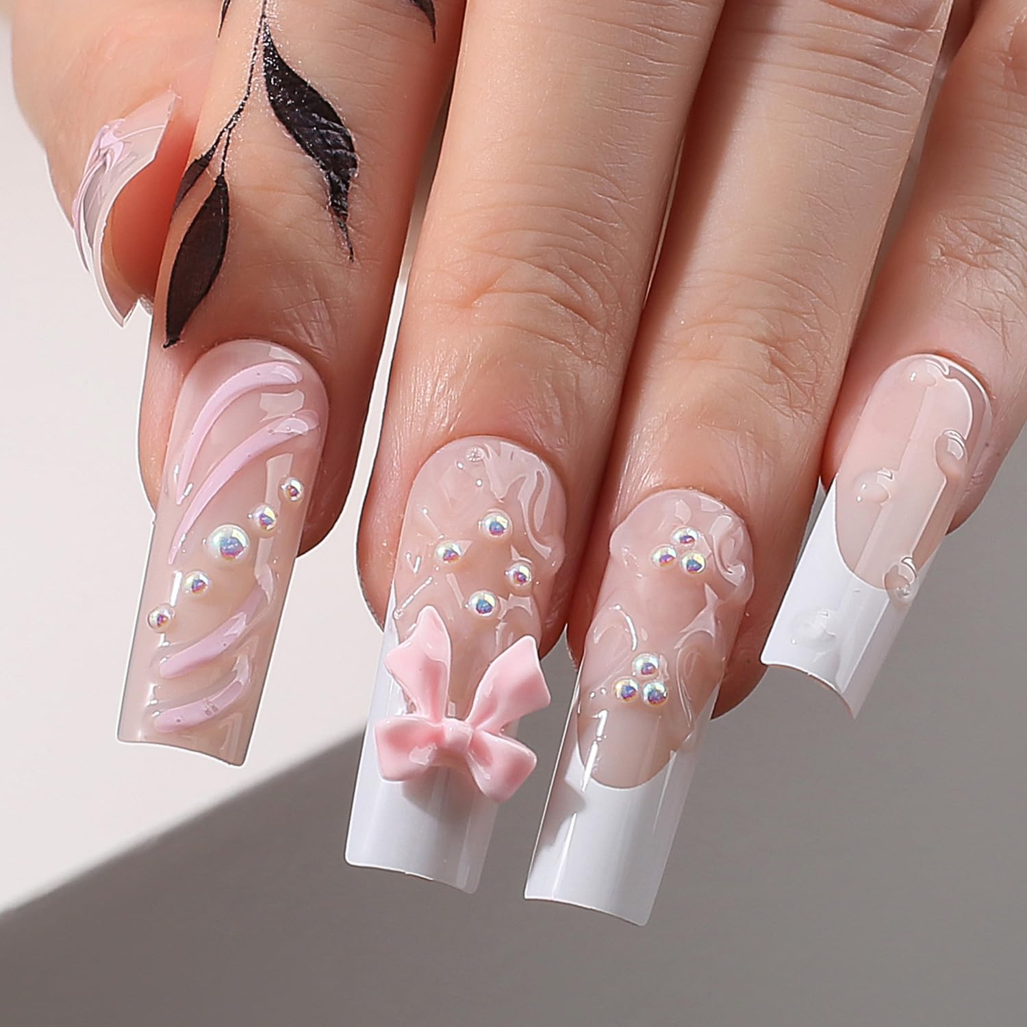 Cute Long Press On Nails Square Fake Nails - 24pcs 3D Gel Heart & Pink Bow French Design Acrylic Full Cover False Nails for Women | Perfect for Parties, Weddings & Daily Wear