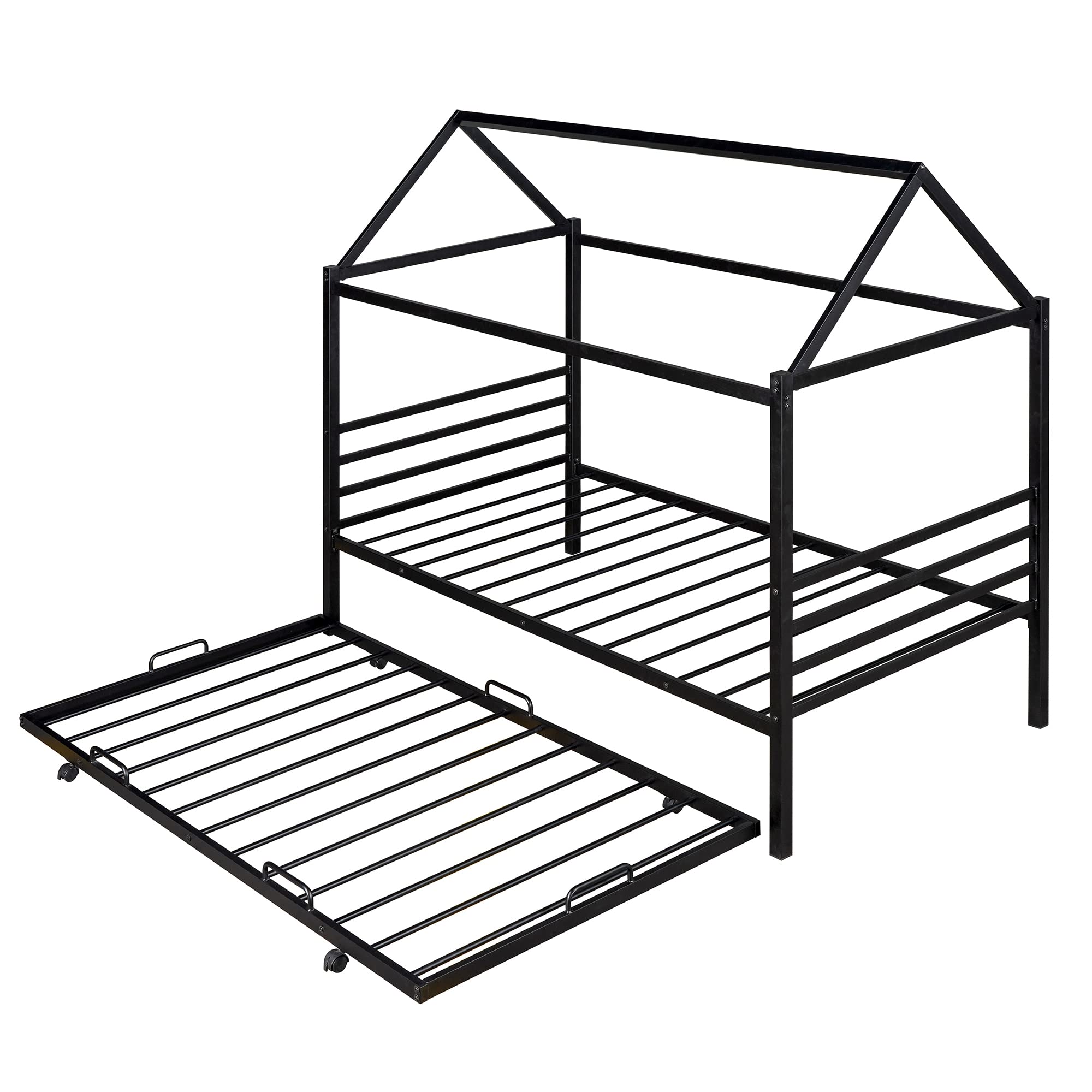 Metal Twin Size House Shaped Bed Frame with Trundle, Headboard & Footboard - Kids Platform Bed for Boys, Girls & Teens (Black) | Perfect for Small Bedrooms, Playrooms & Sleepovers