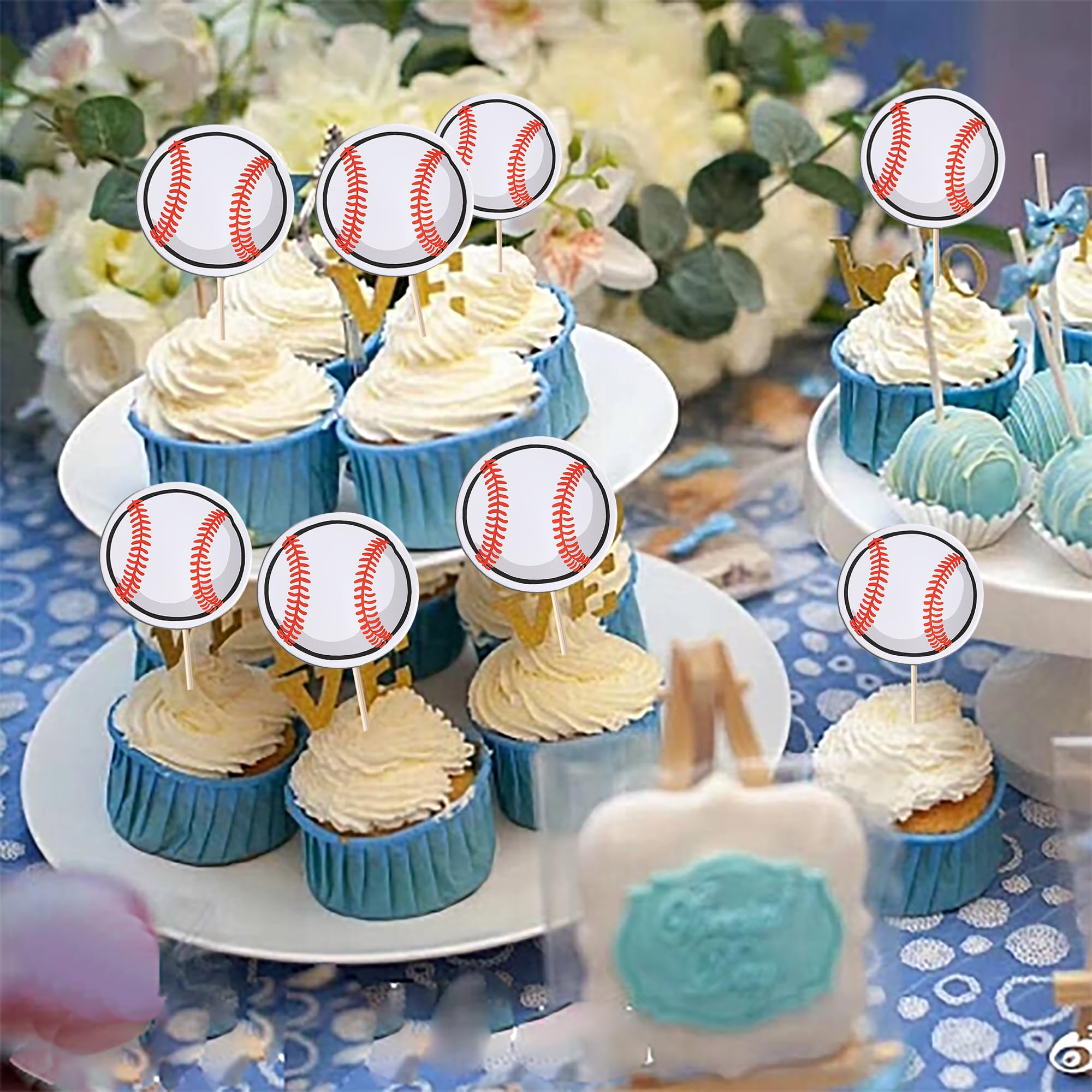 40 Pack Baseball Cupcake Toppers - Sport Ball Theme Cupcake Picks for Baby Showers, Kids Birthday Parties & Sports Themed Cakes - Perfect for Baseball Lovers, Team Celebrations & Game Day Desserts